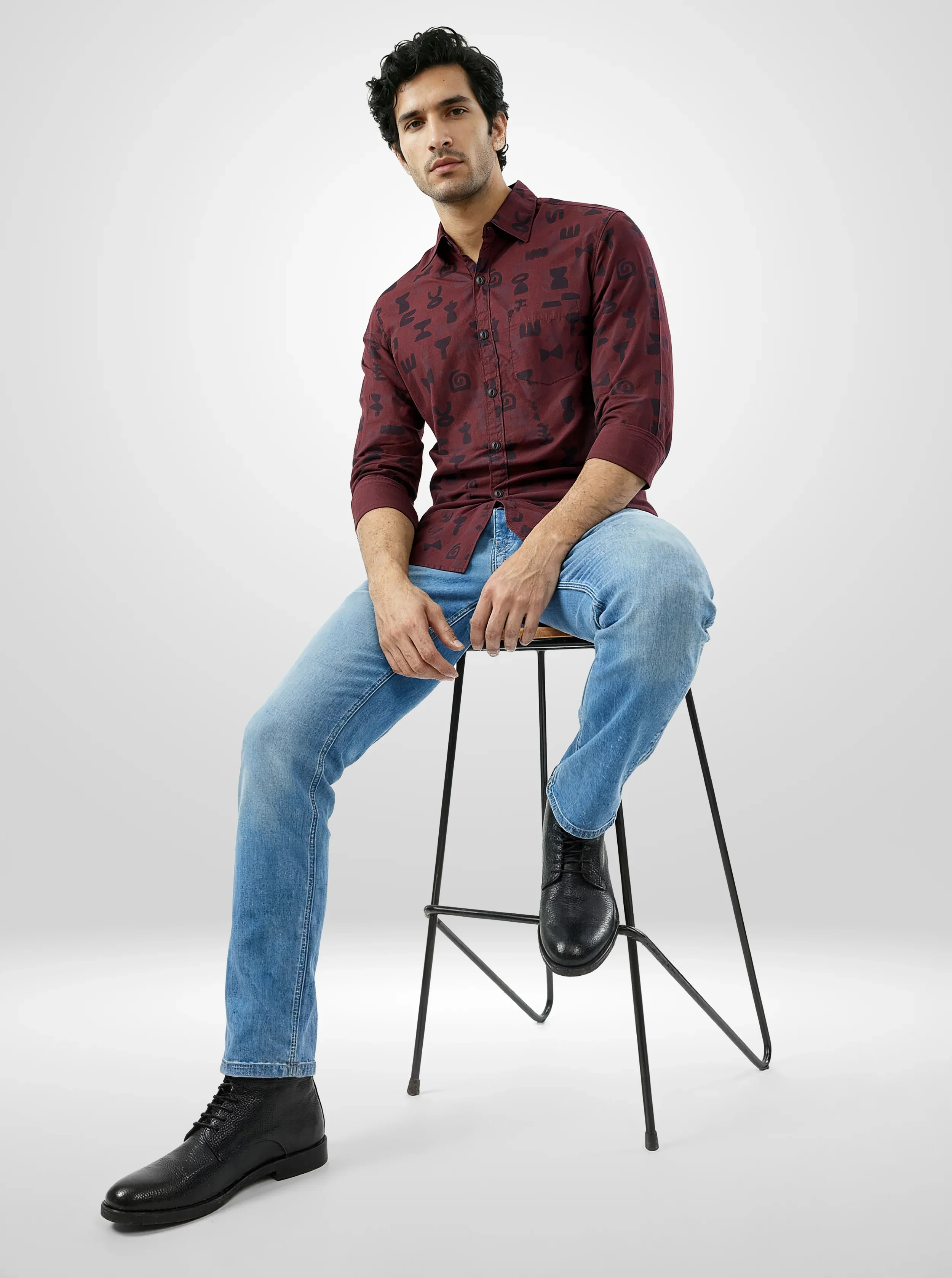 Men Shirt Print Red Regular Fit - Image 2