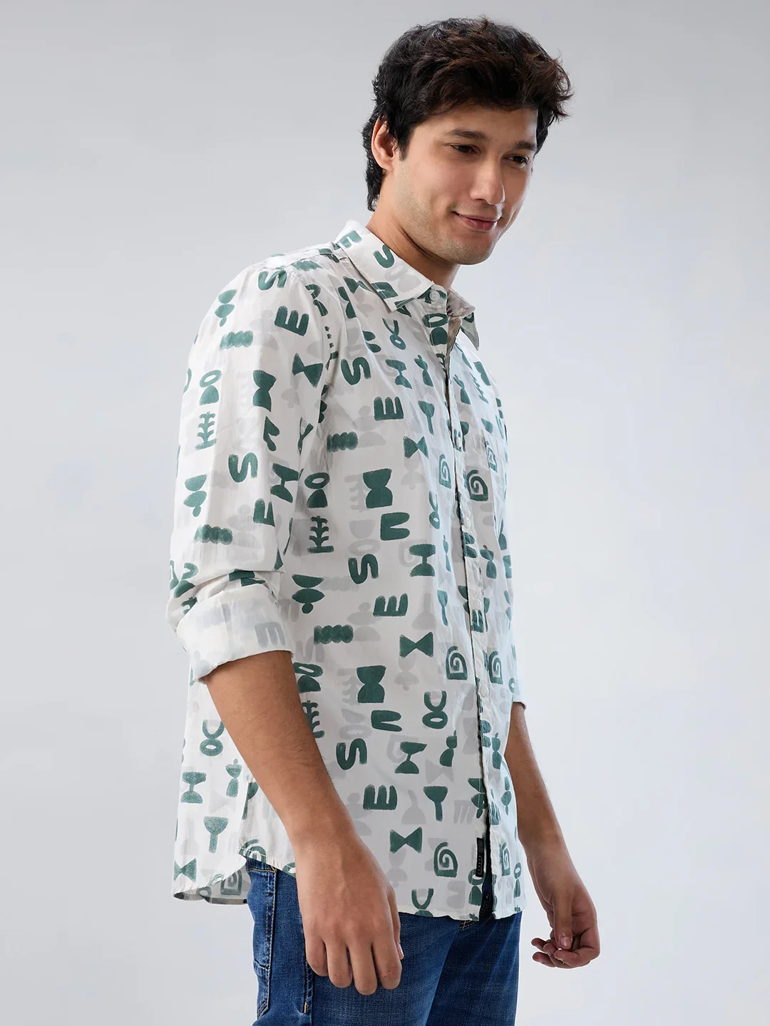 Men Shirt Print Off White Regular Fit - Image 3