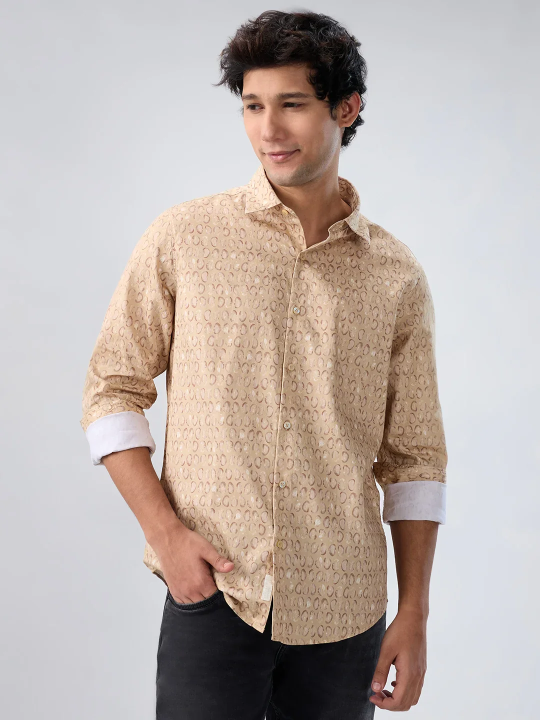 Men Shirt Print Beige Regular Fit