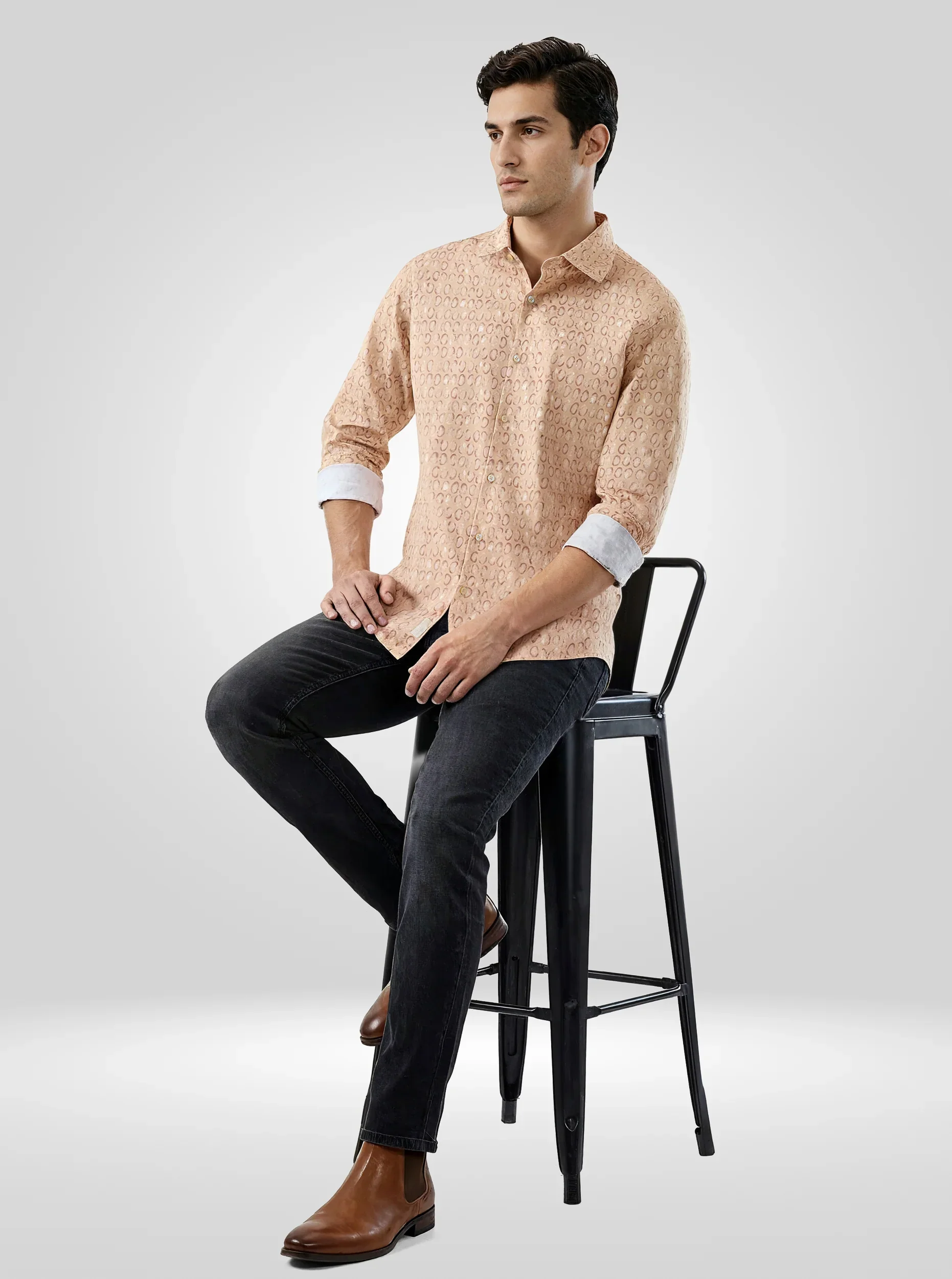 Men Shirt Print Beige Regular Fit - Image 2