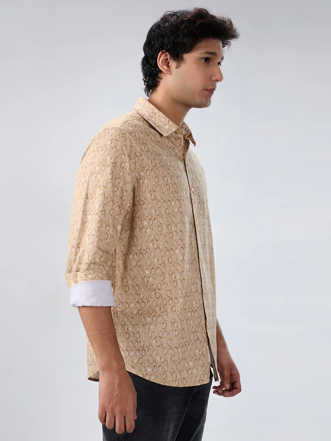 Men Shirt Print Beige Regular Fit - Image 3