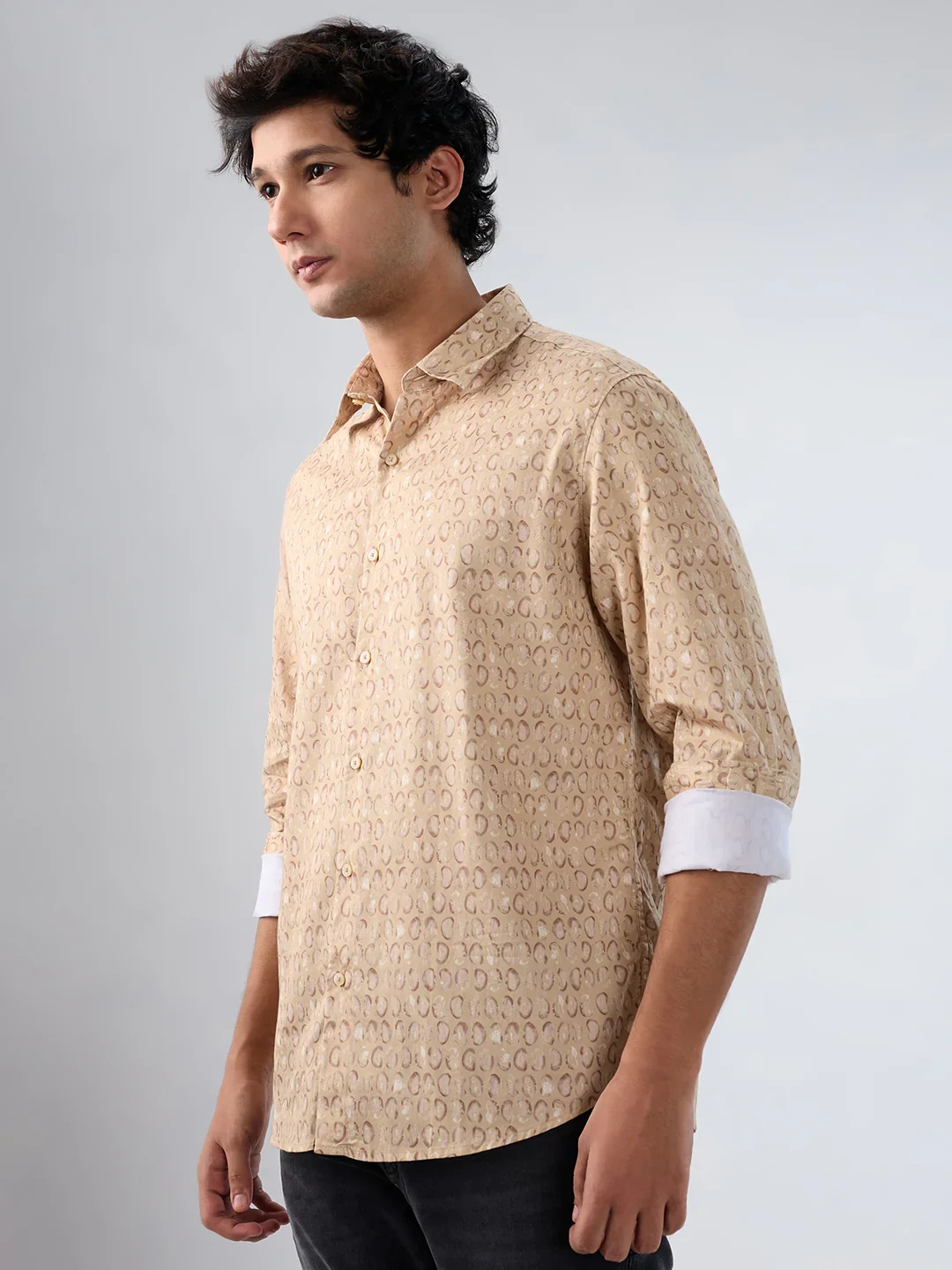 Men Shirt Print Beige Regular Fit - Image 5
