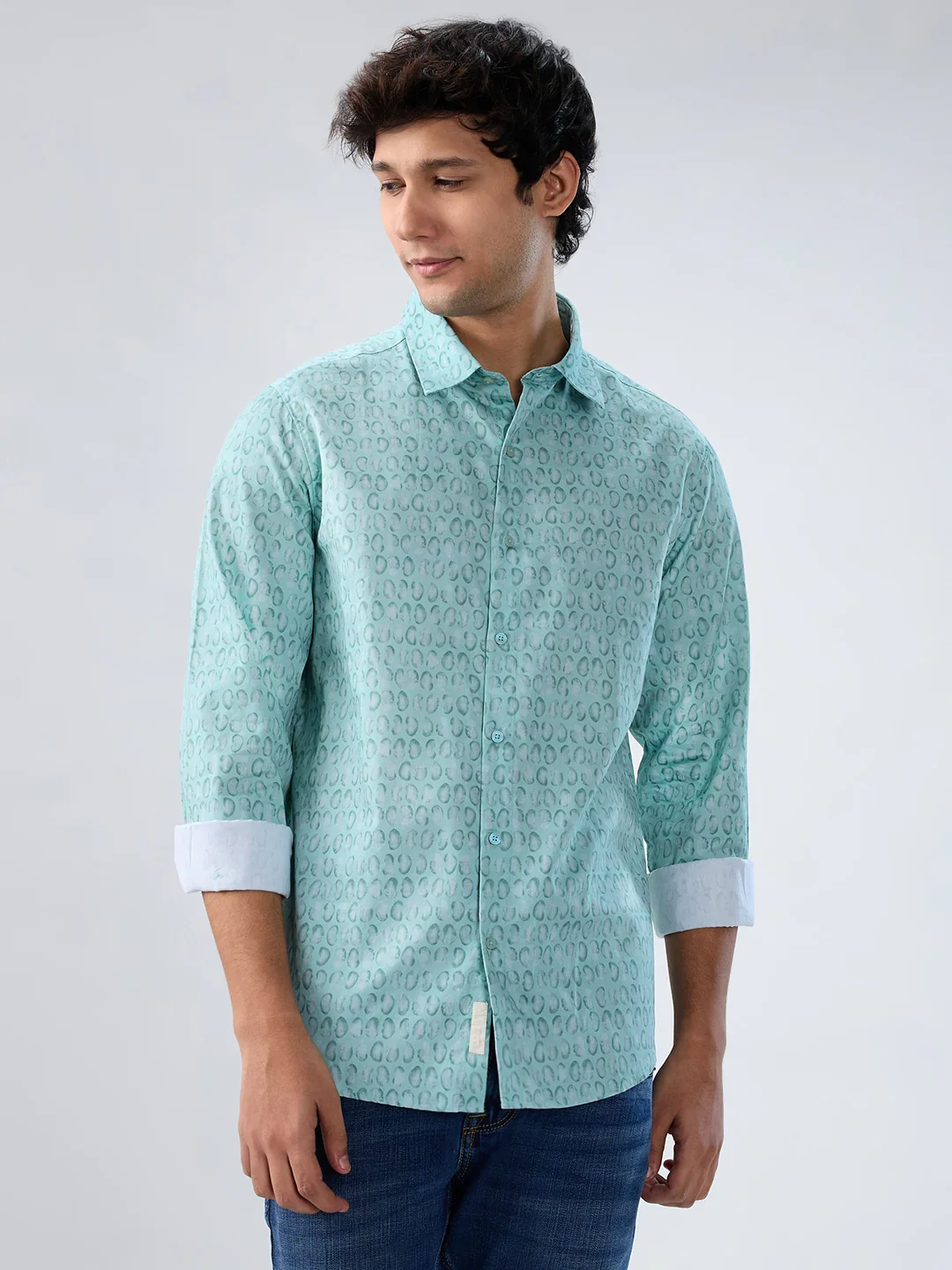 Men Shirt Print Green Regular Fit