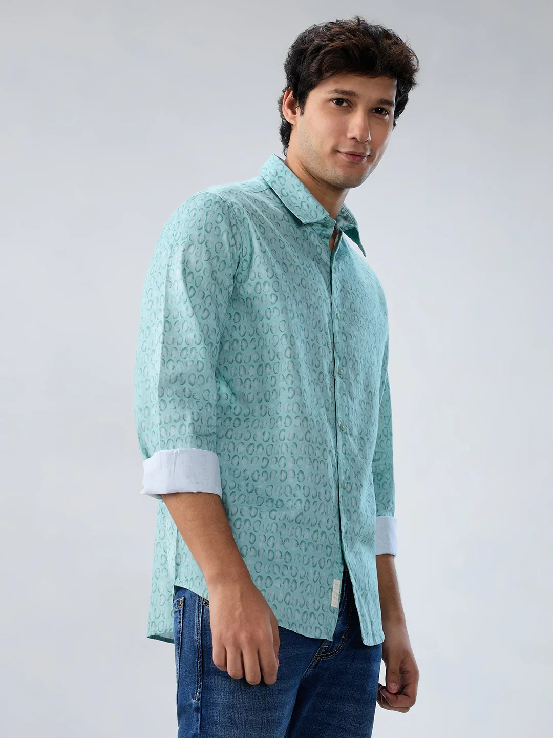 Men Shirt Print Green Regular Fit - Image 3