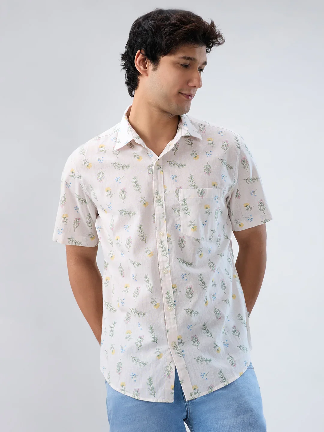 Men Shirt Print Off White Regular Fit