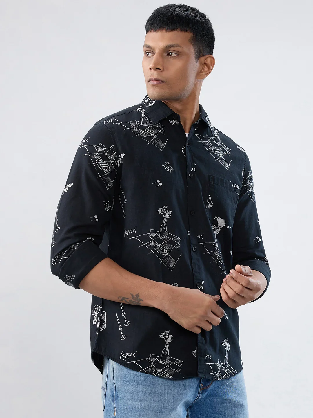 Men Shirt Print Black Regular Fit - Image 3
