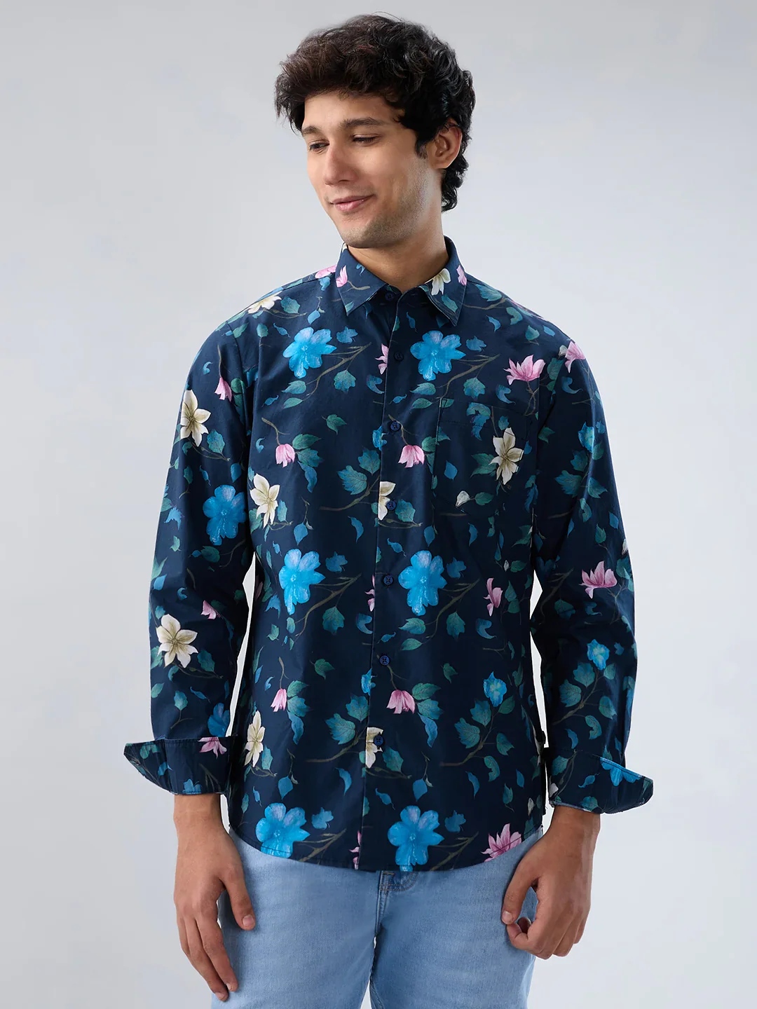 Men Shirt Print Blue Navy Regular Fit