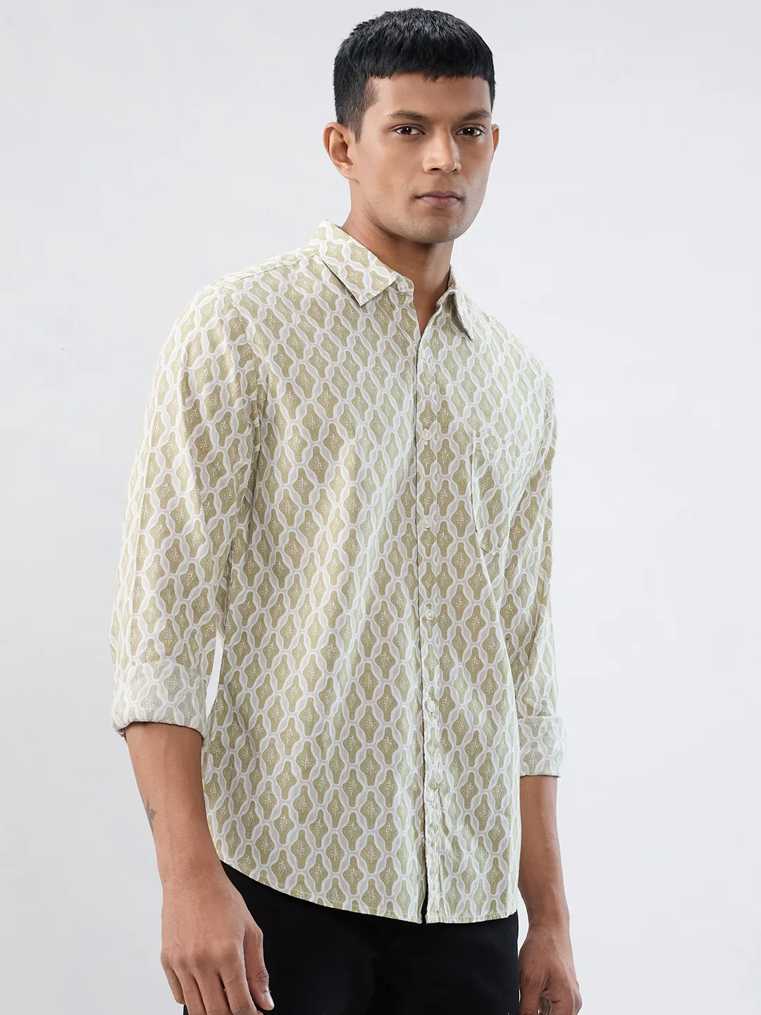 Men Shirt Print Beige Regular Fit - Image 3