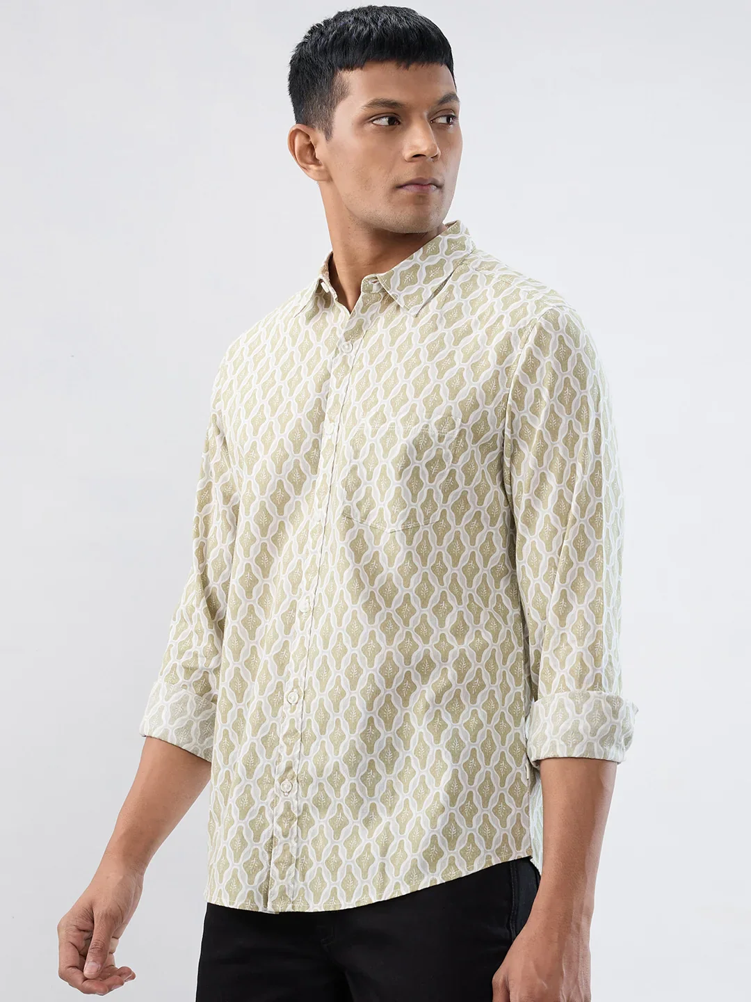 Men Shirt Print Beige Regular Fit - Image 4