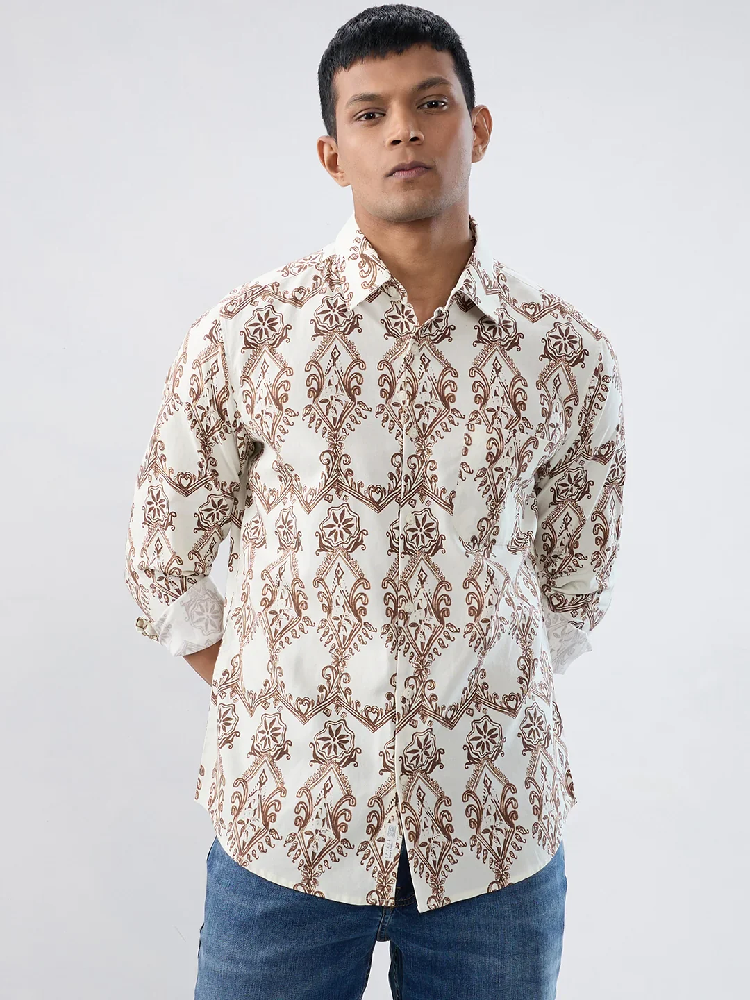 Men Shirt Print Off White Regular Fit