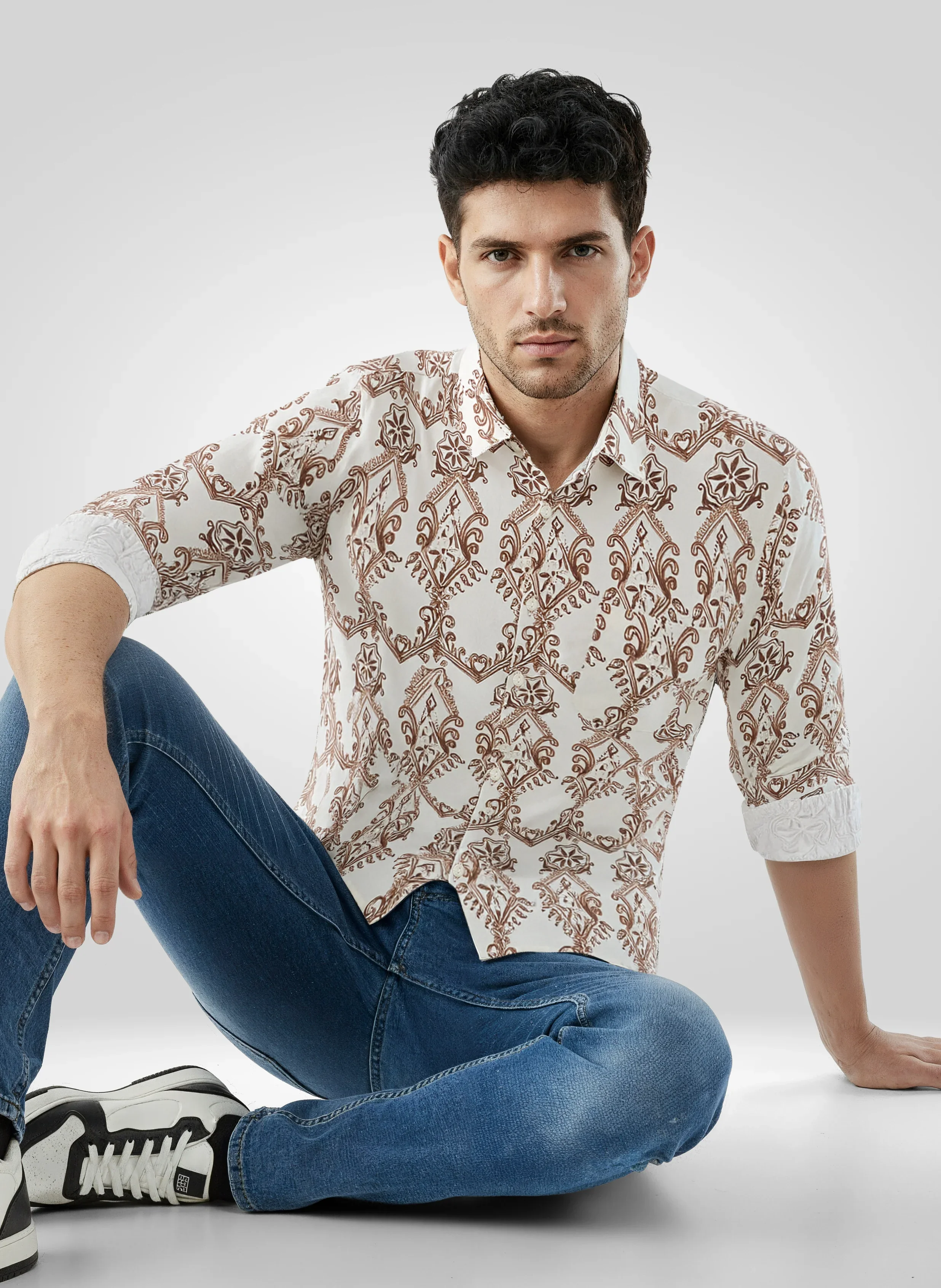 Men Shirt Print Off White Regular Fit - Image 2
