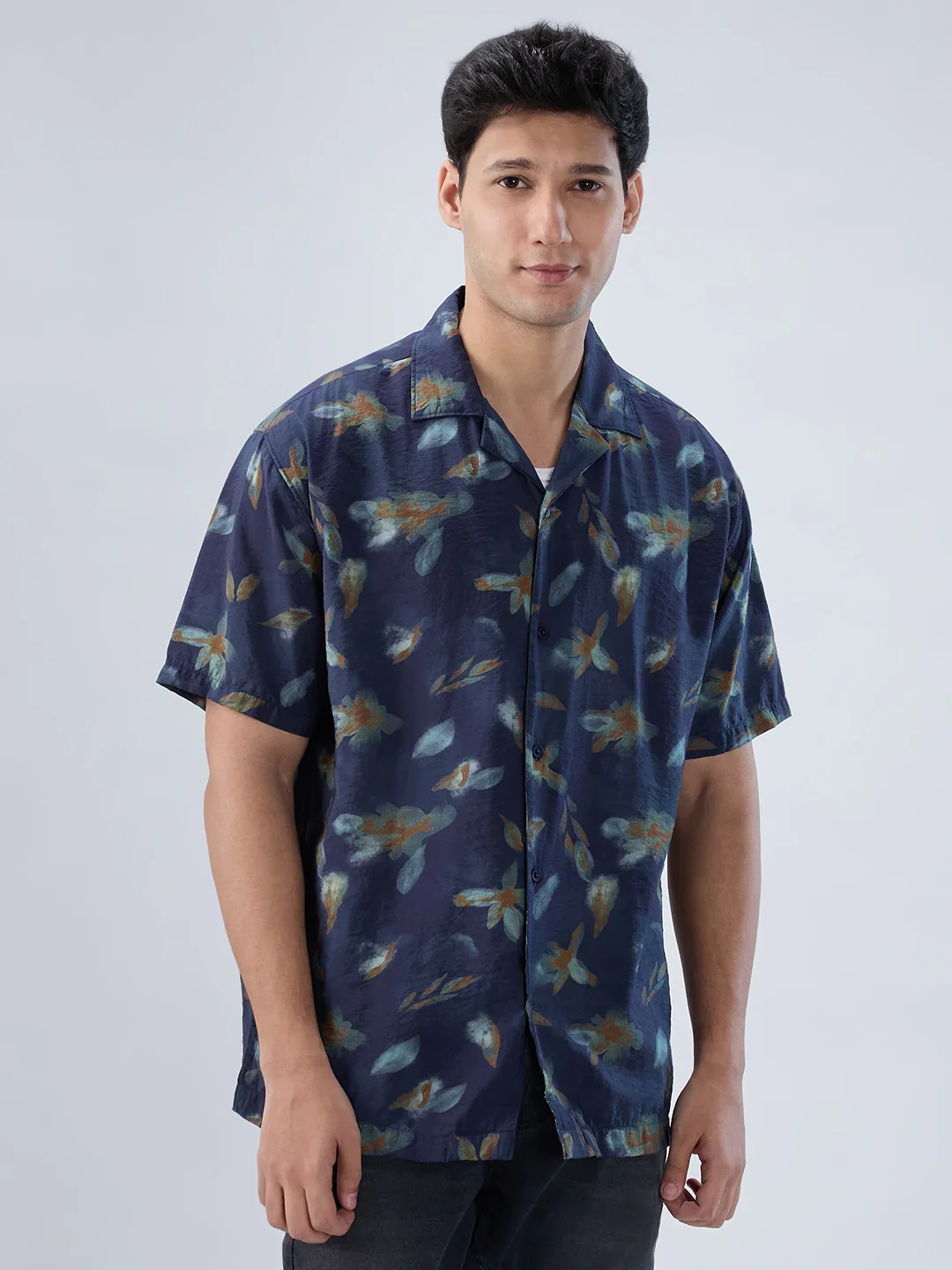 Men Shirt Print Navy Blue Relaxed Fit