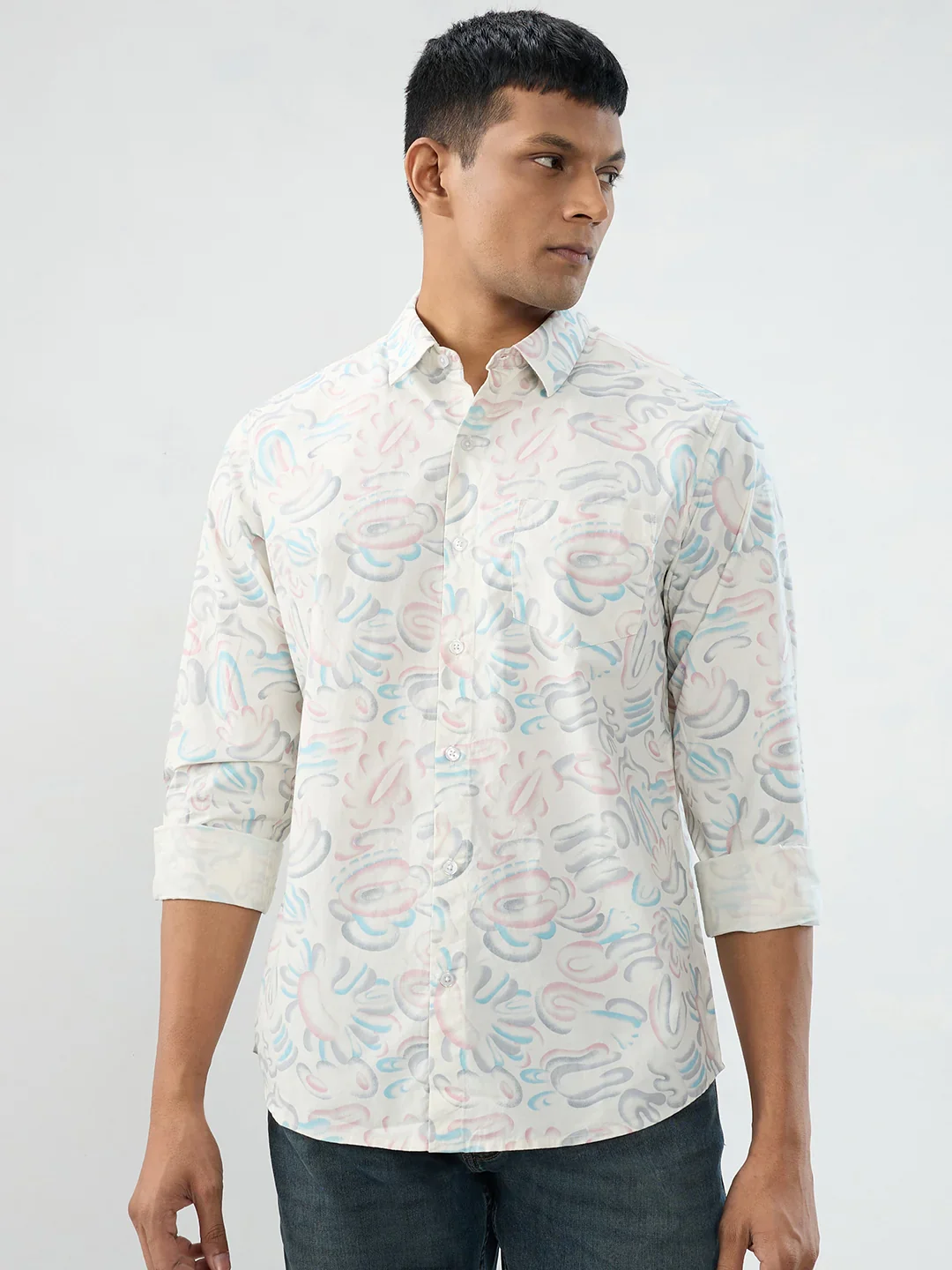 Men Shirt Print Off White Regular Fit