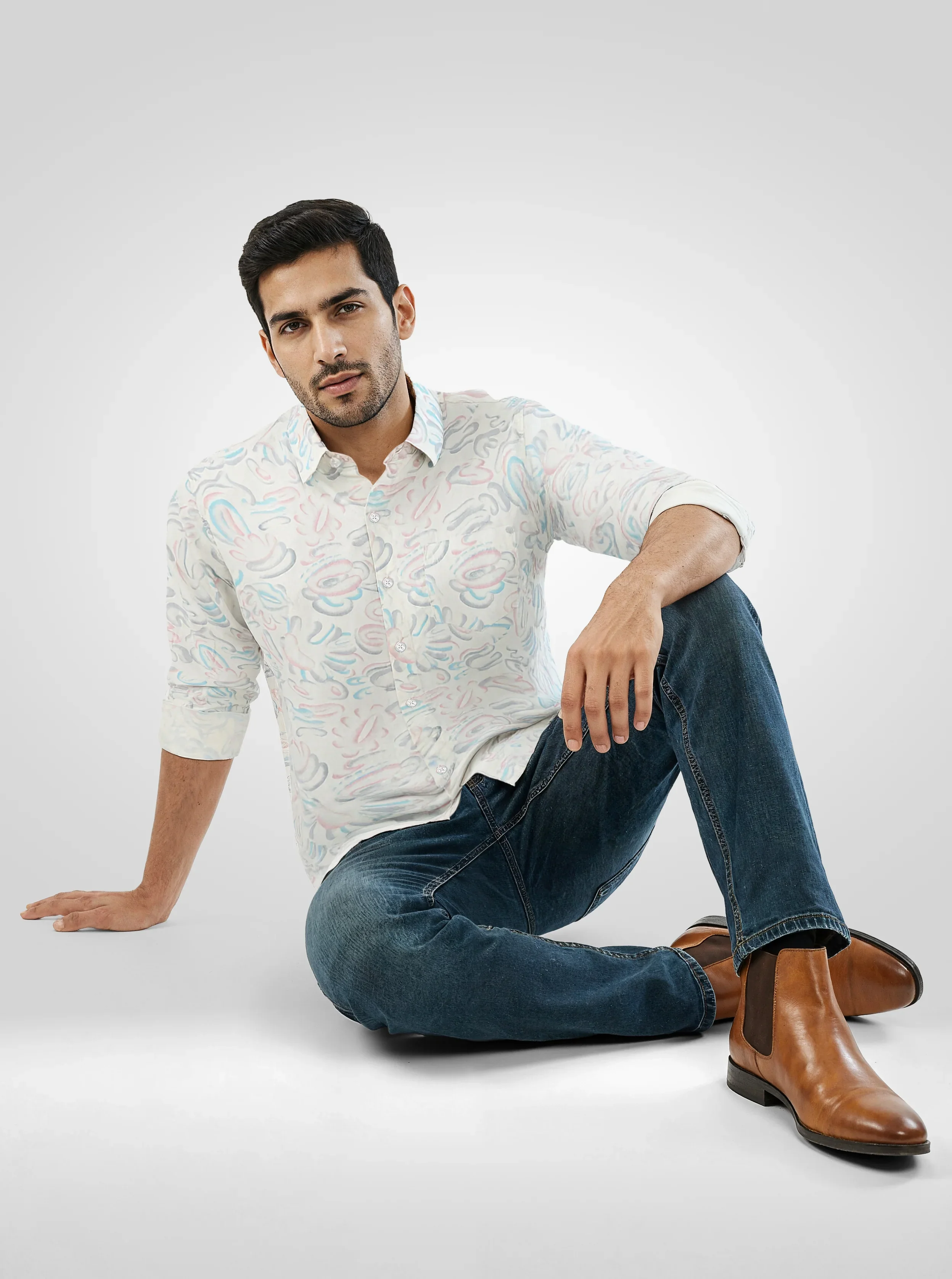 Men Shirt Print Off White Regular Fit - Image 2