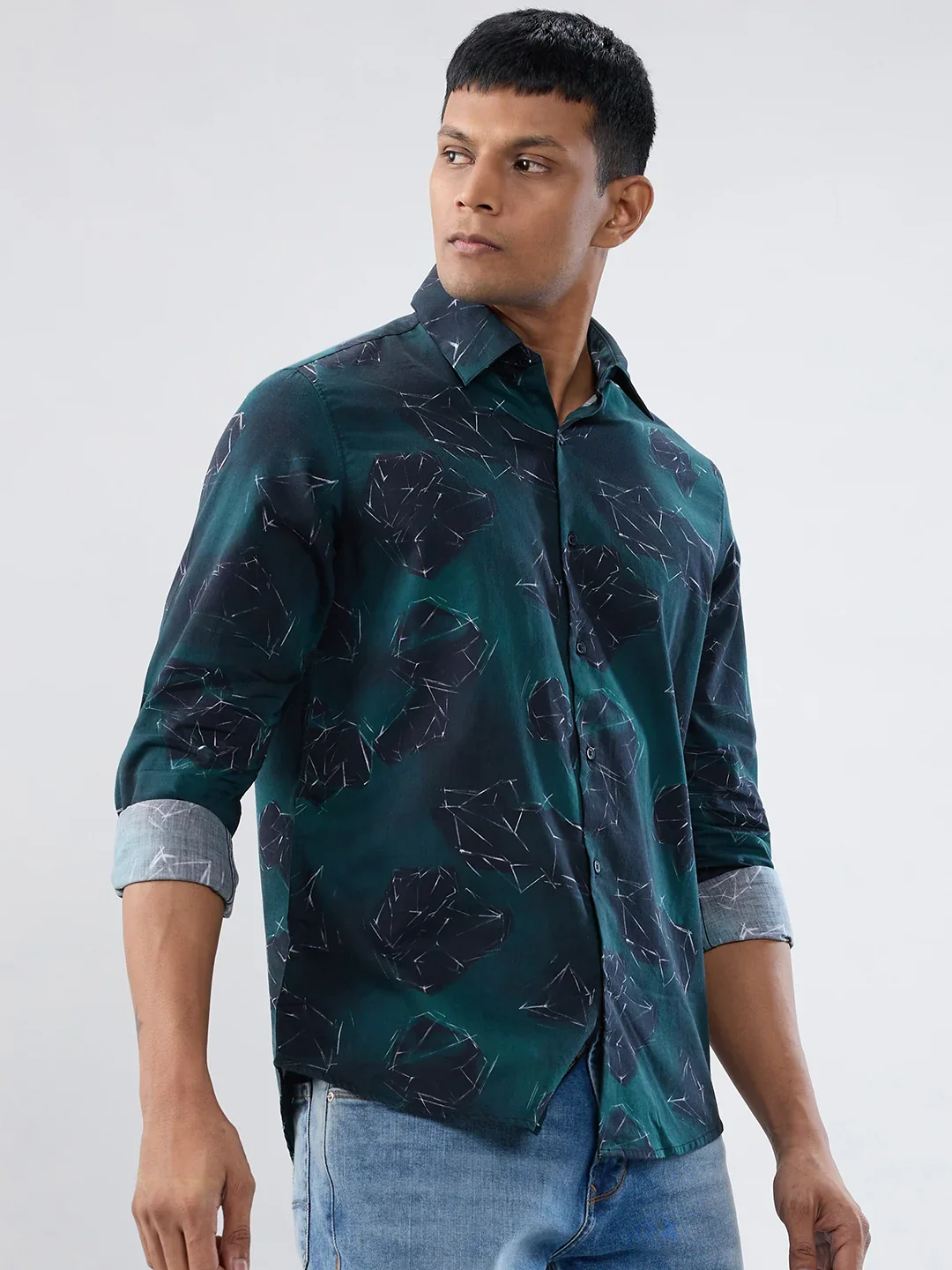 Men Shirt Print Green Regular Fit - Image 3