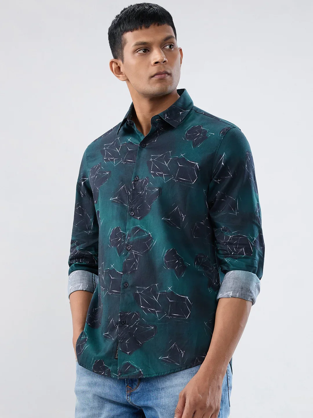Men Shirt Print Green Regular Fit - Image 5