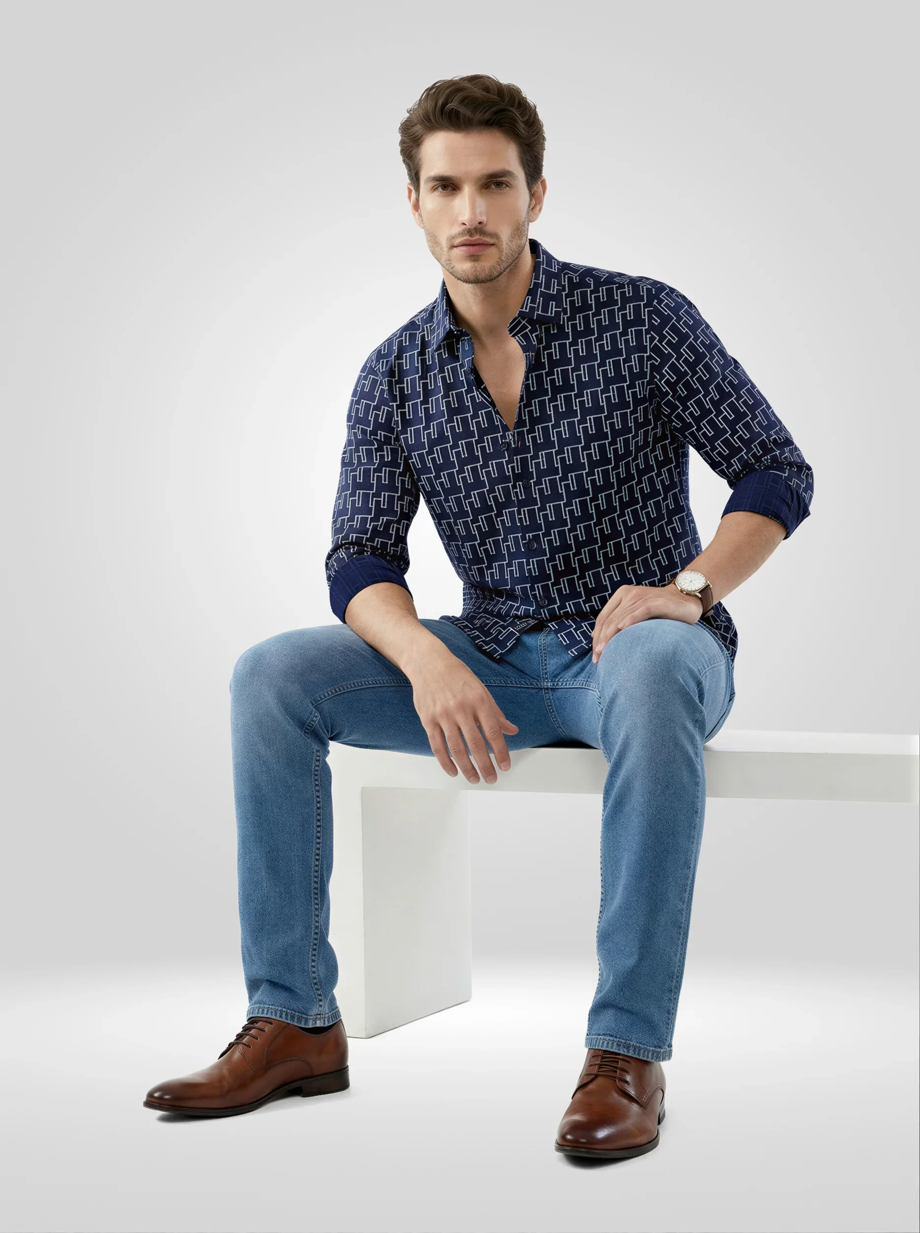 Men Shirt Print Blue Navy Regular Fit - Image 2