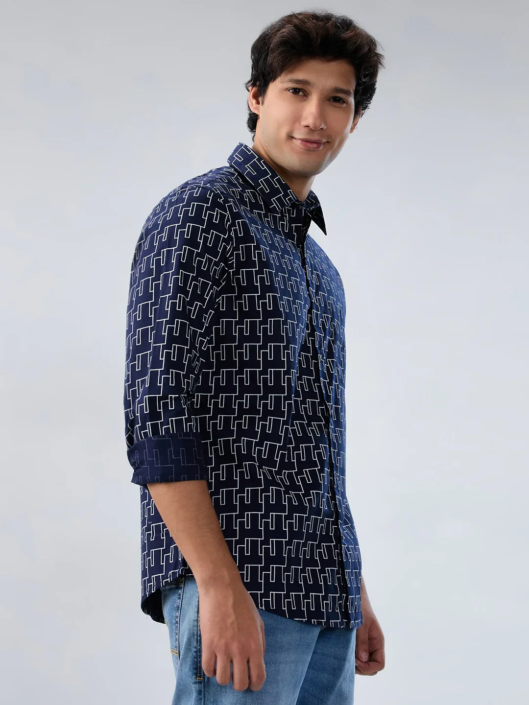 Men Shirt Print Blue Navy Regular Fit - Image 3