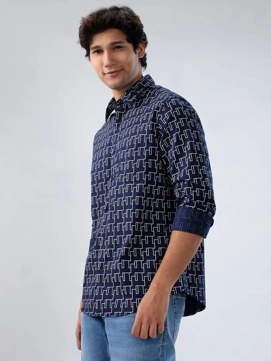 Men Shirt Print Blue Navy Regular Fit - Image 5
