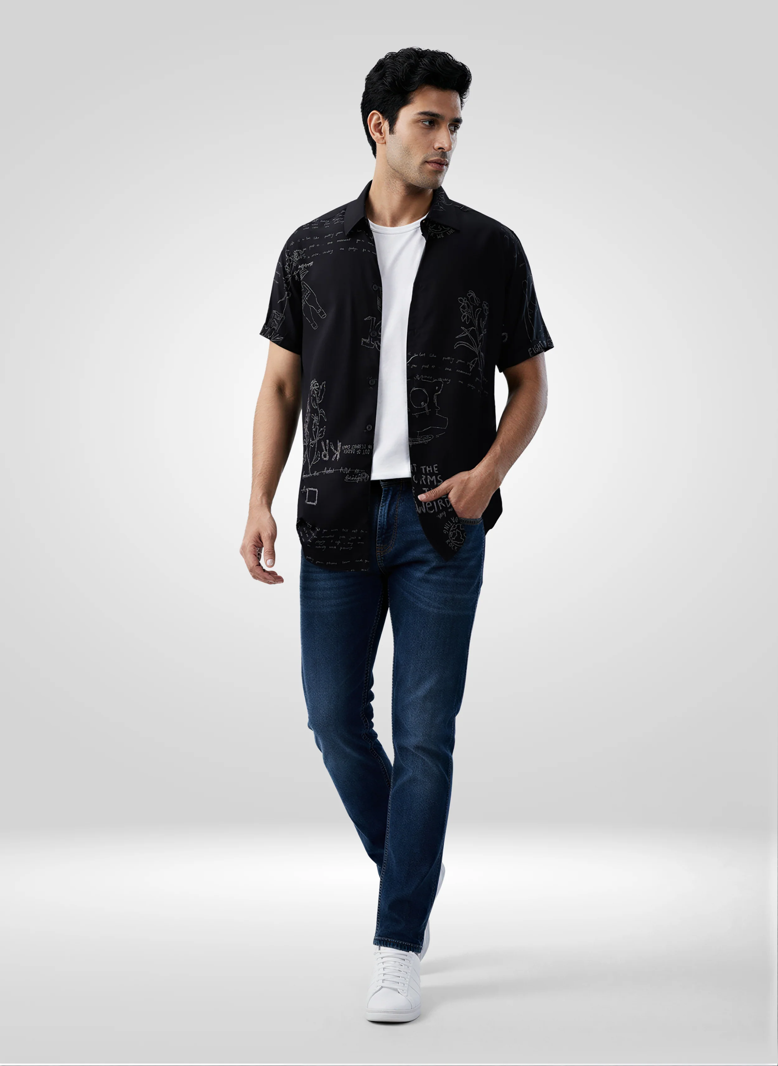 Men Shirt Print Black Regular Fit - Image 2