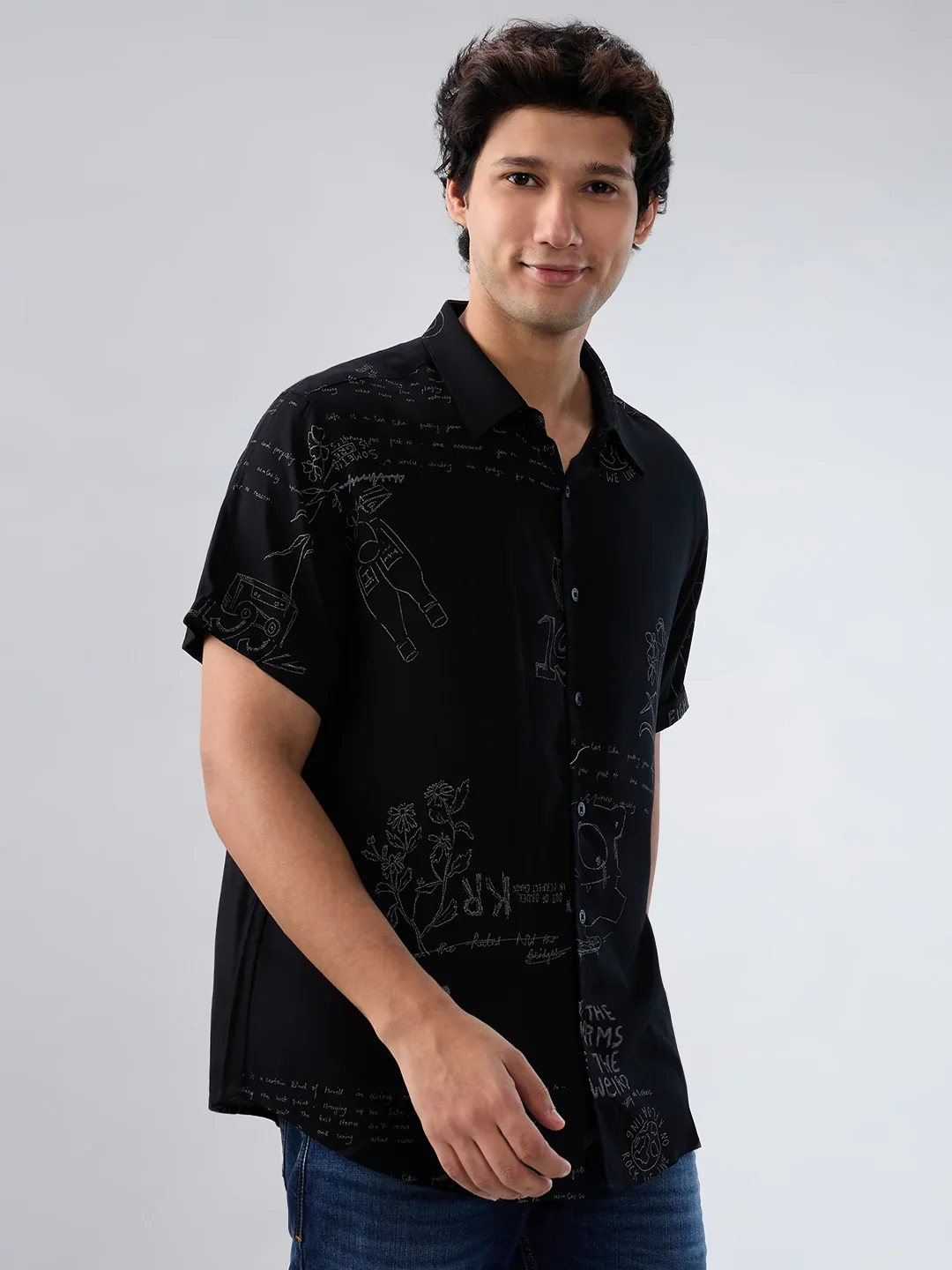 Men Shirt Print Black Regular Fit - Image 3