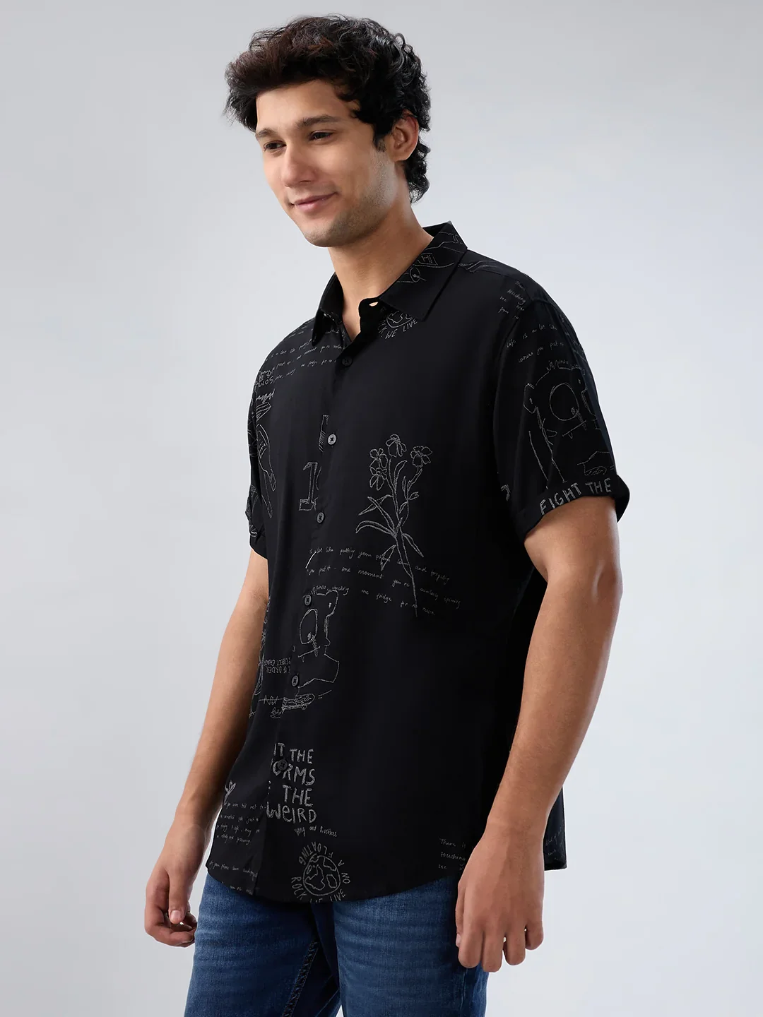 Men Shirt Print Black Regular Fit - Image 4