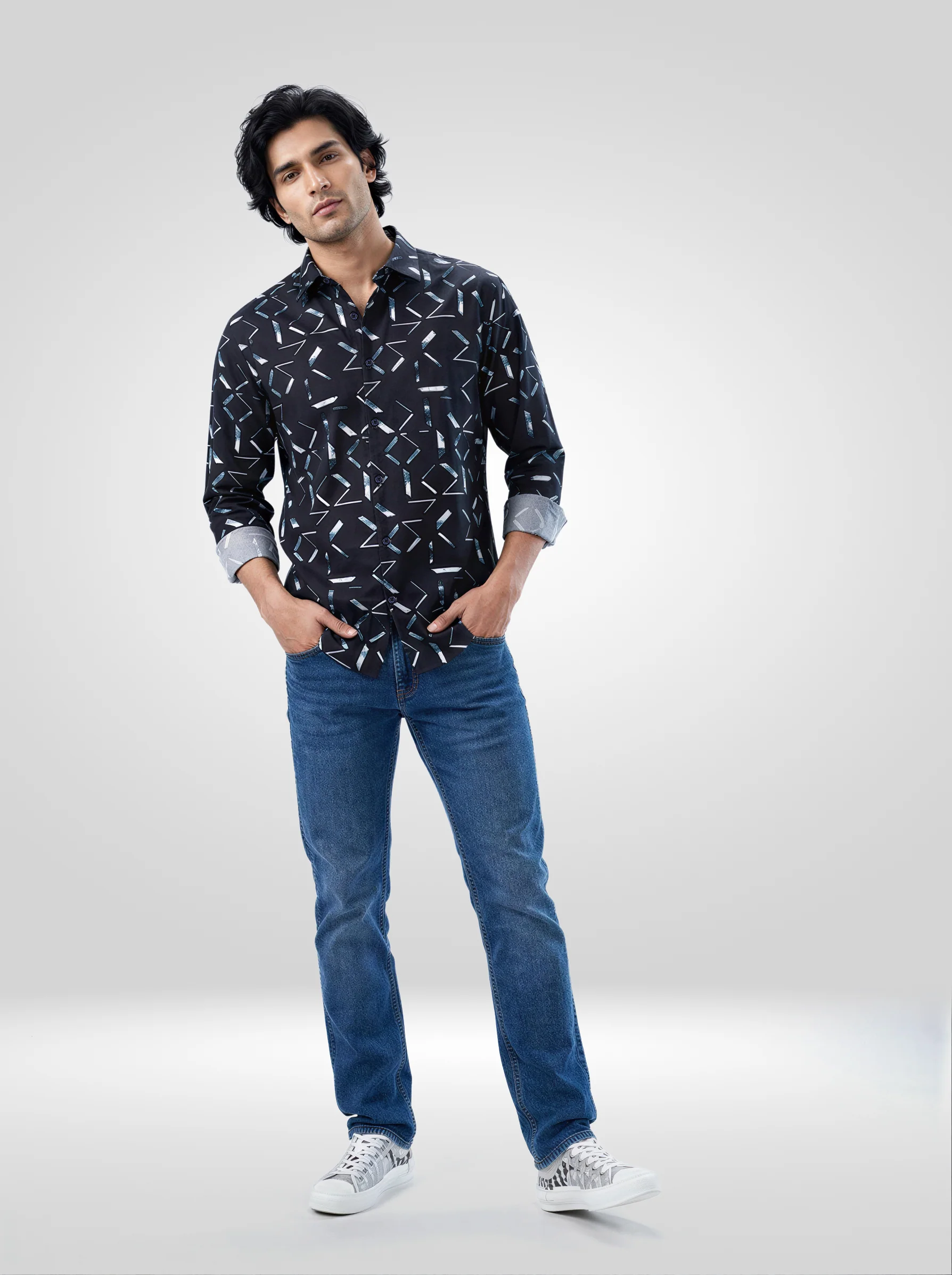 Men Shirt Print Black Regular Fit - Image 2