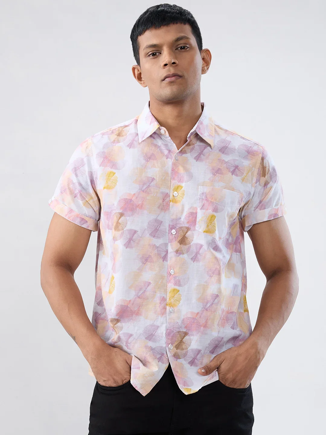 Men Shirt Print Yellow Regular Fit