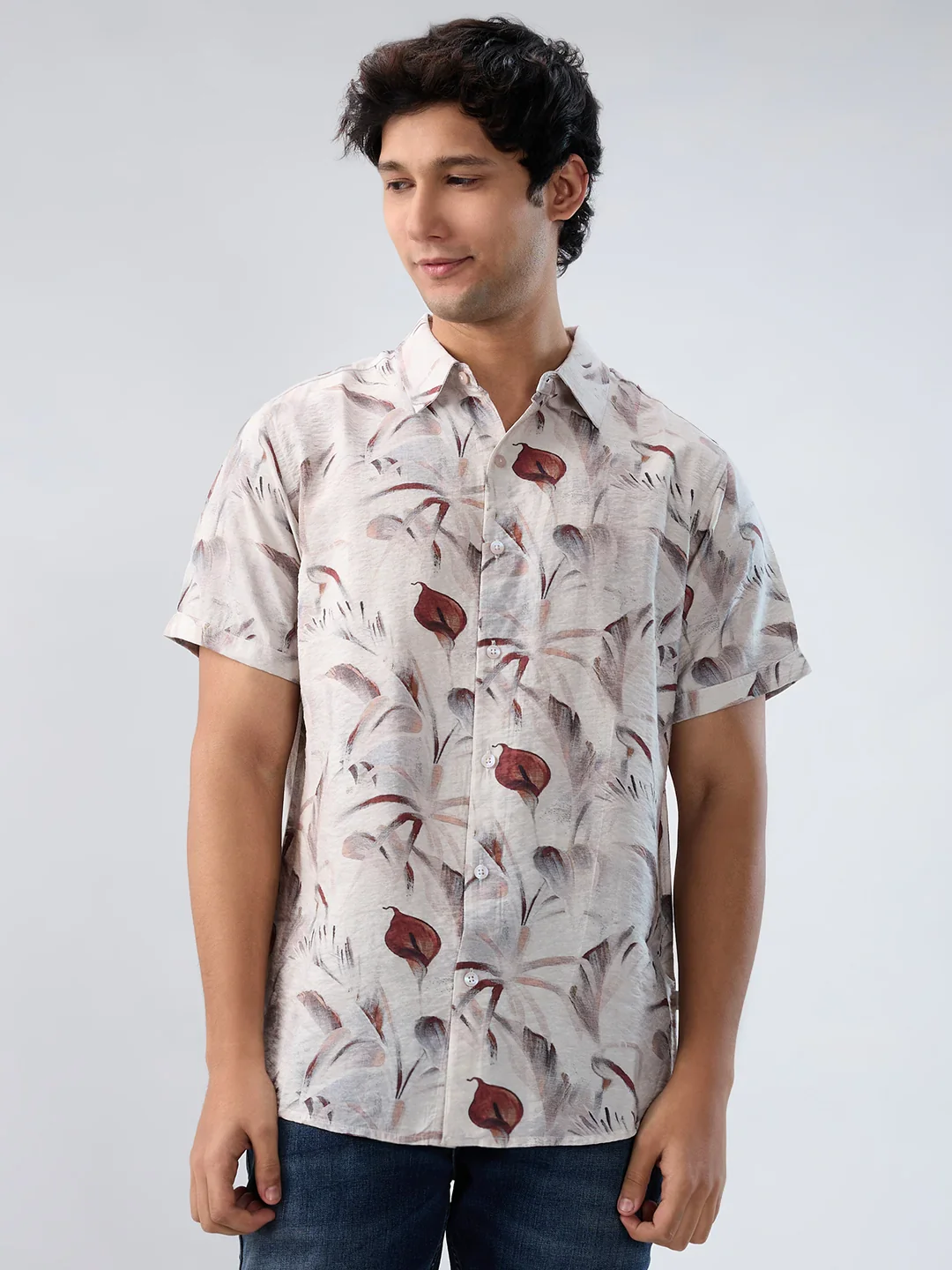 Men Shirt Print Off White Regular Fit