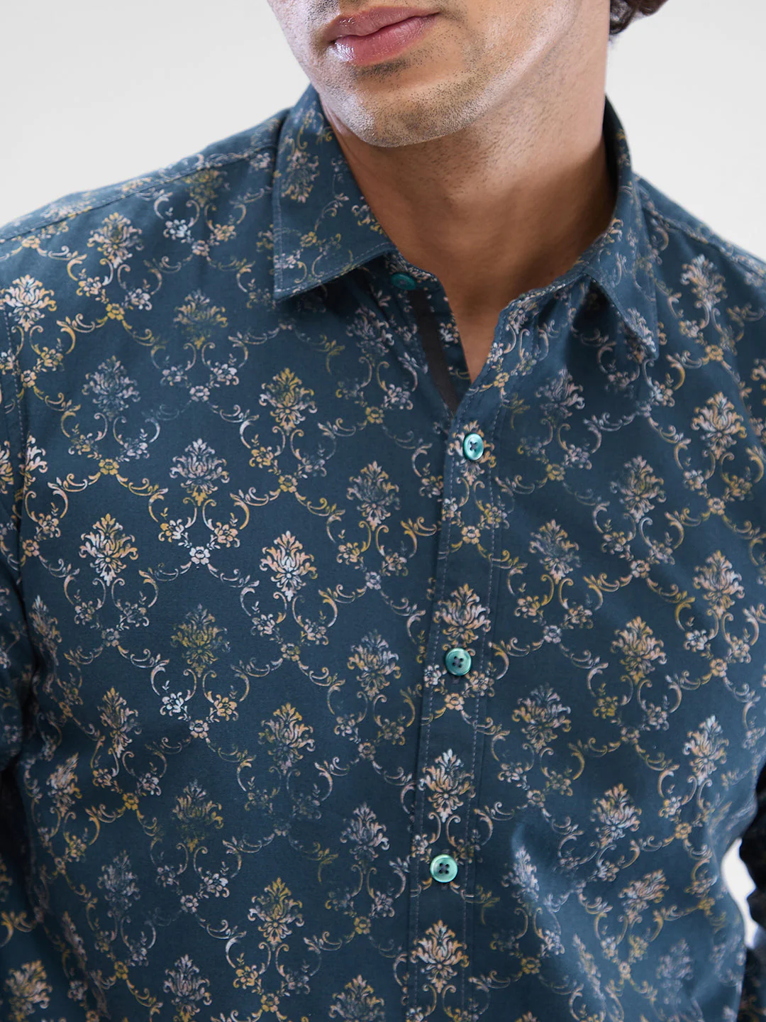 Men Shirt Green Raised Collar - Image 5