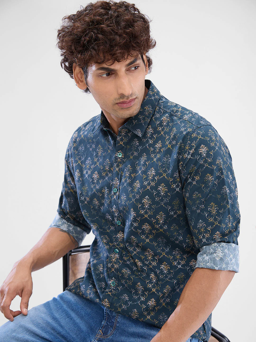 Men Shirt Green Raised Collar - Image 6