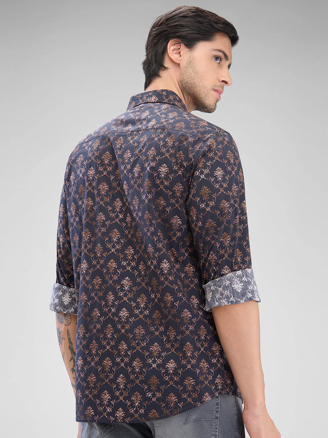 Men Shirt Brown Raised Collar - Image 3
