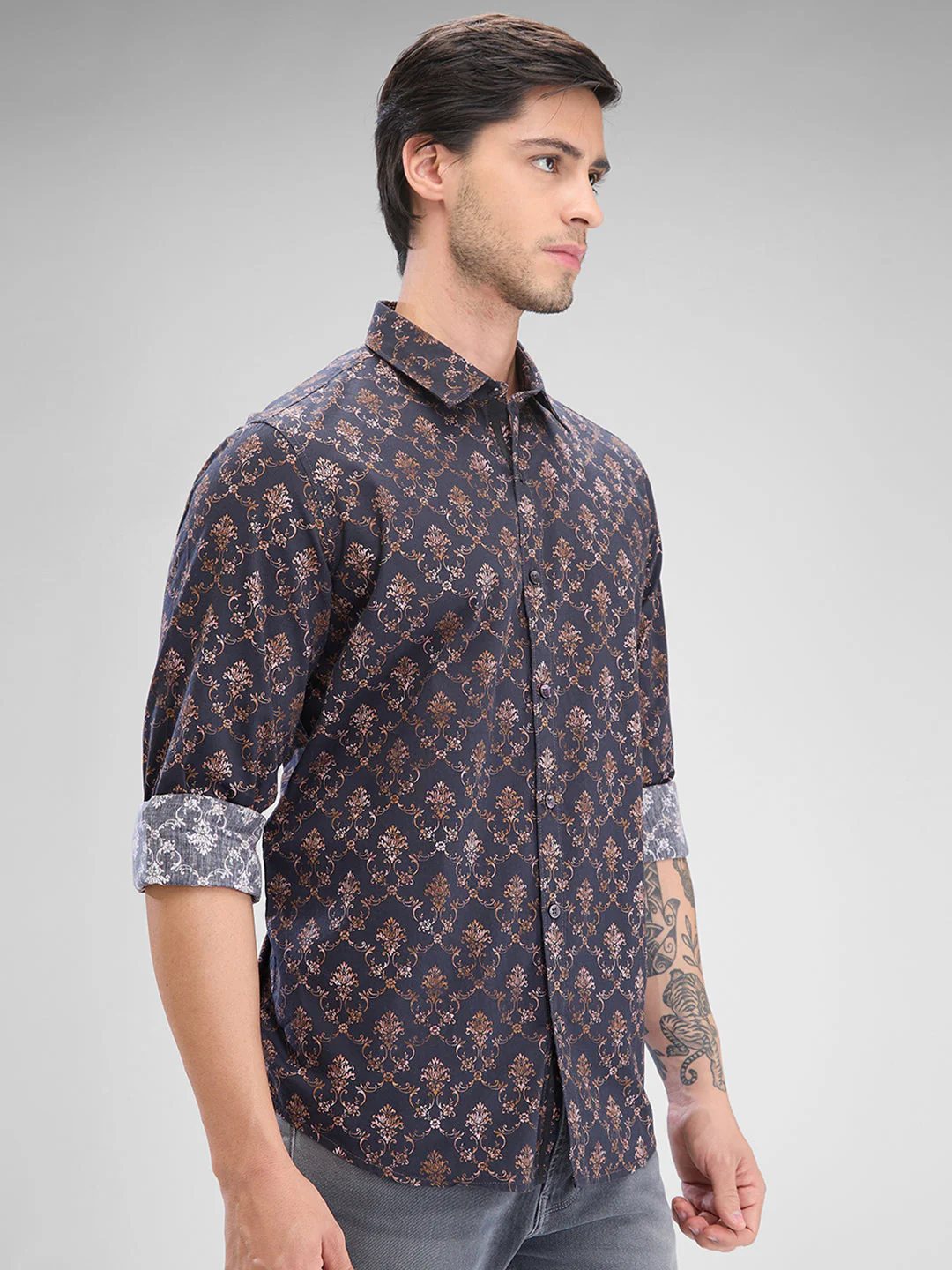 Men Shirt Brown Raised Collar - Image 4
