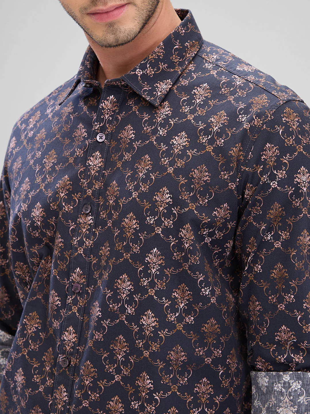 Men Shirt Brown Raised Collar - Image 5