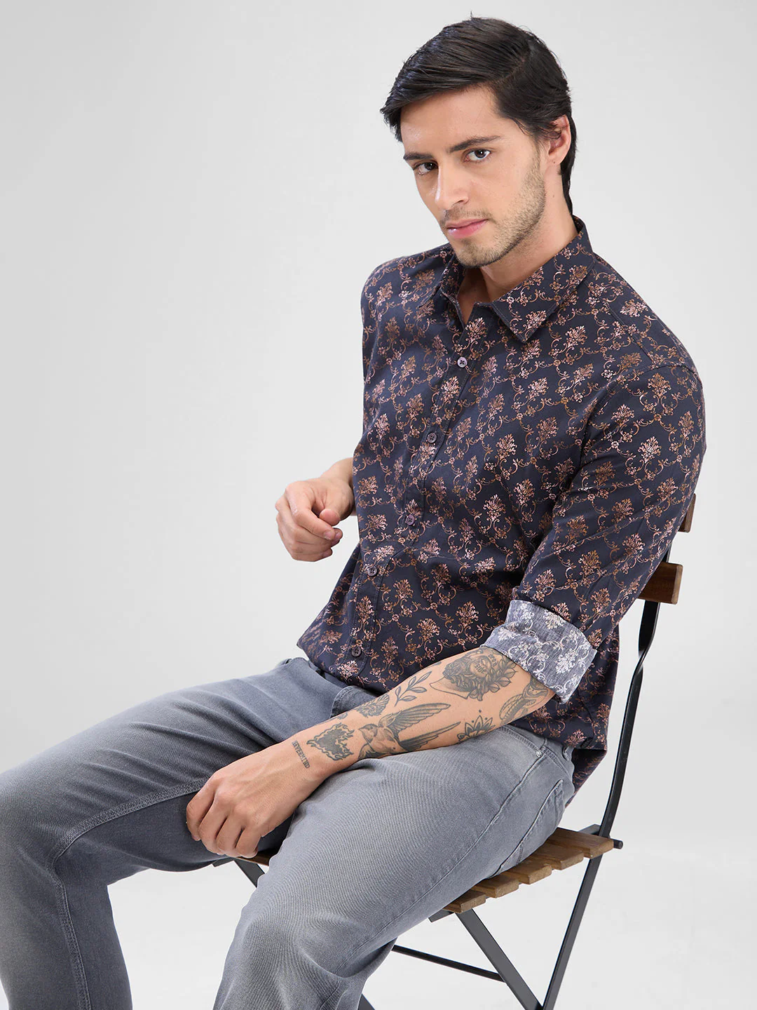 Men Shirt Brown Raised Collar - Image 6