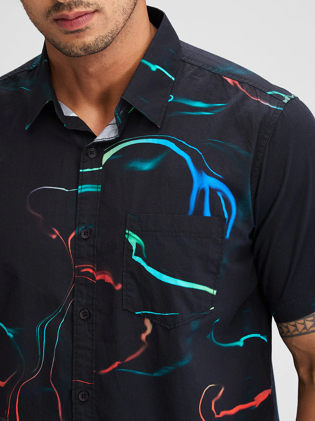 Men Shirt Print Black Slim Fit - Image 5