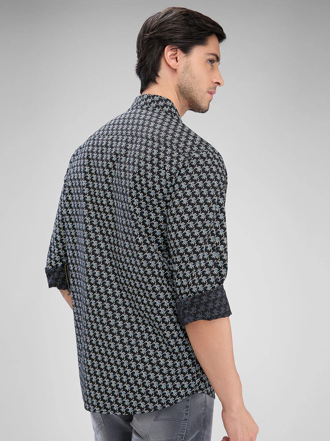 Men Shirt Blue Raised Collar - Image 3