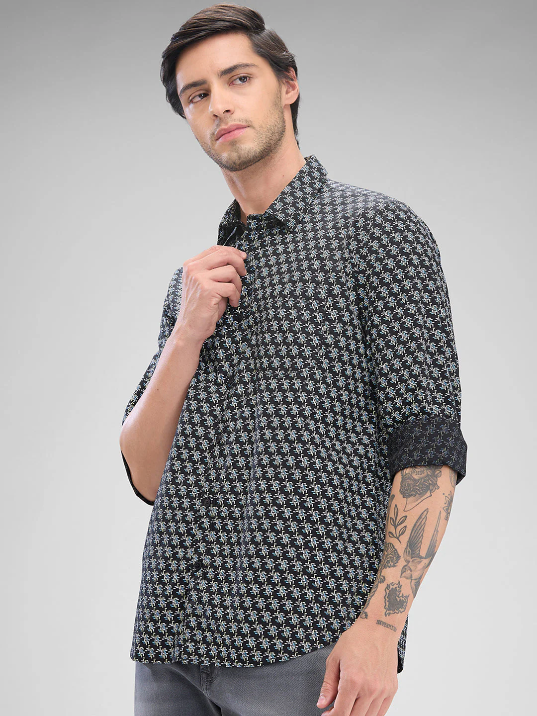 Men Shirt Blue Raised Collar - Image 4
