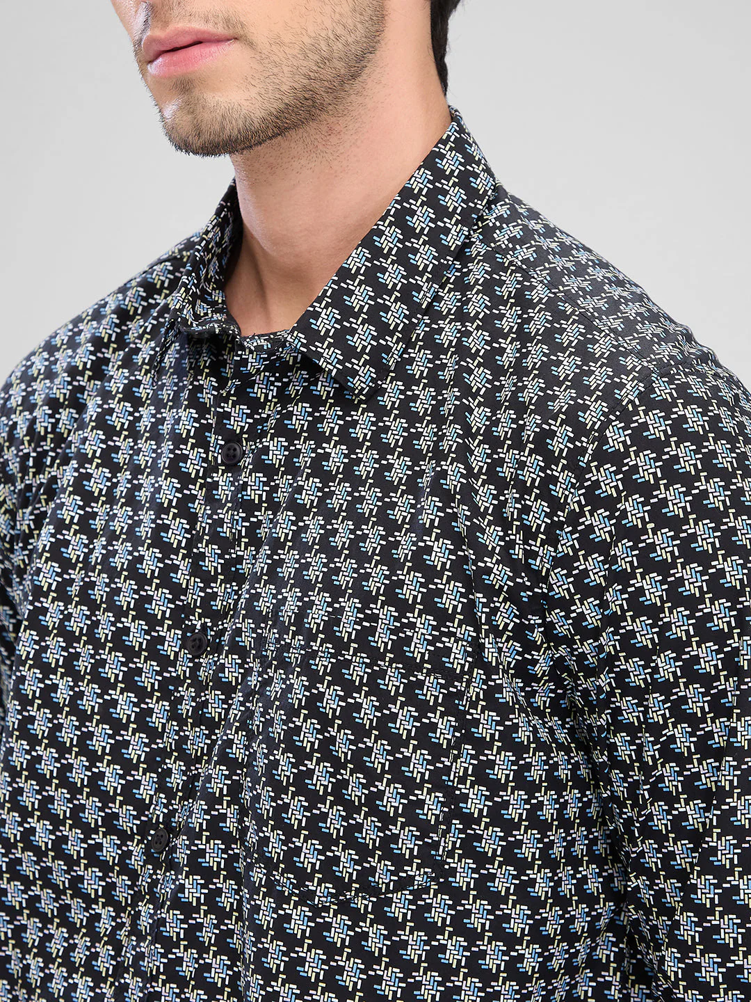 Men Shirt Blue Raised Collar - Image 5