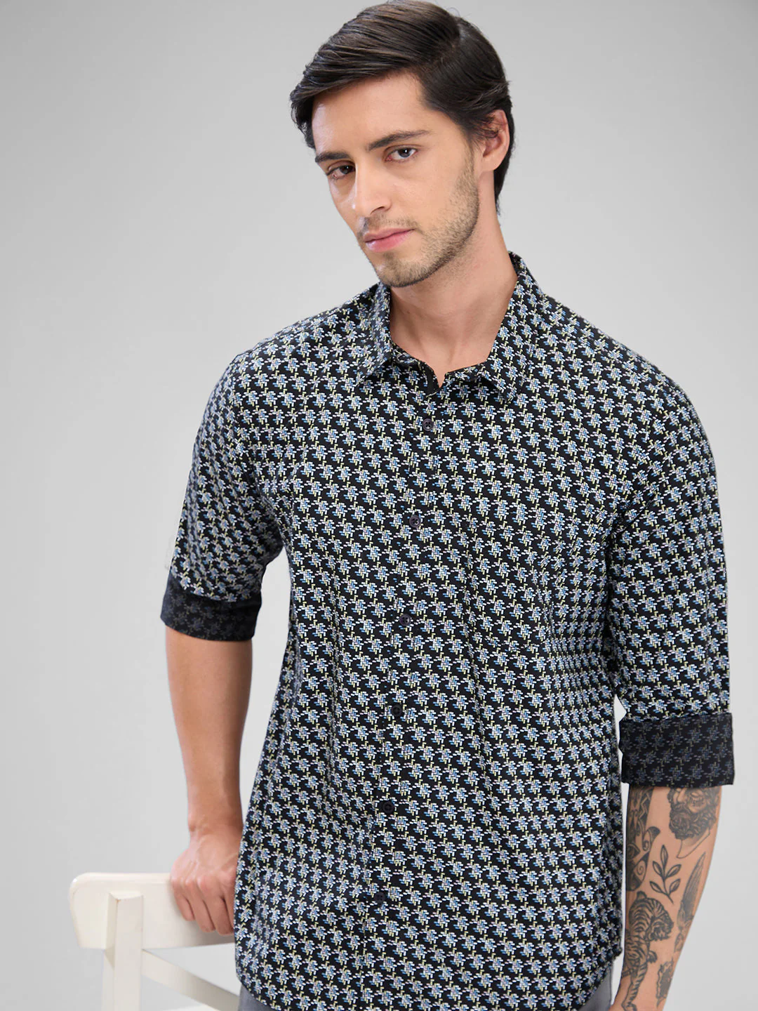 Men Shirt Blue Raised Collar - Image 6