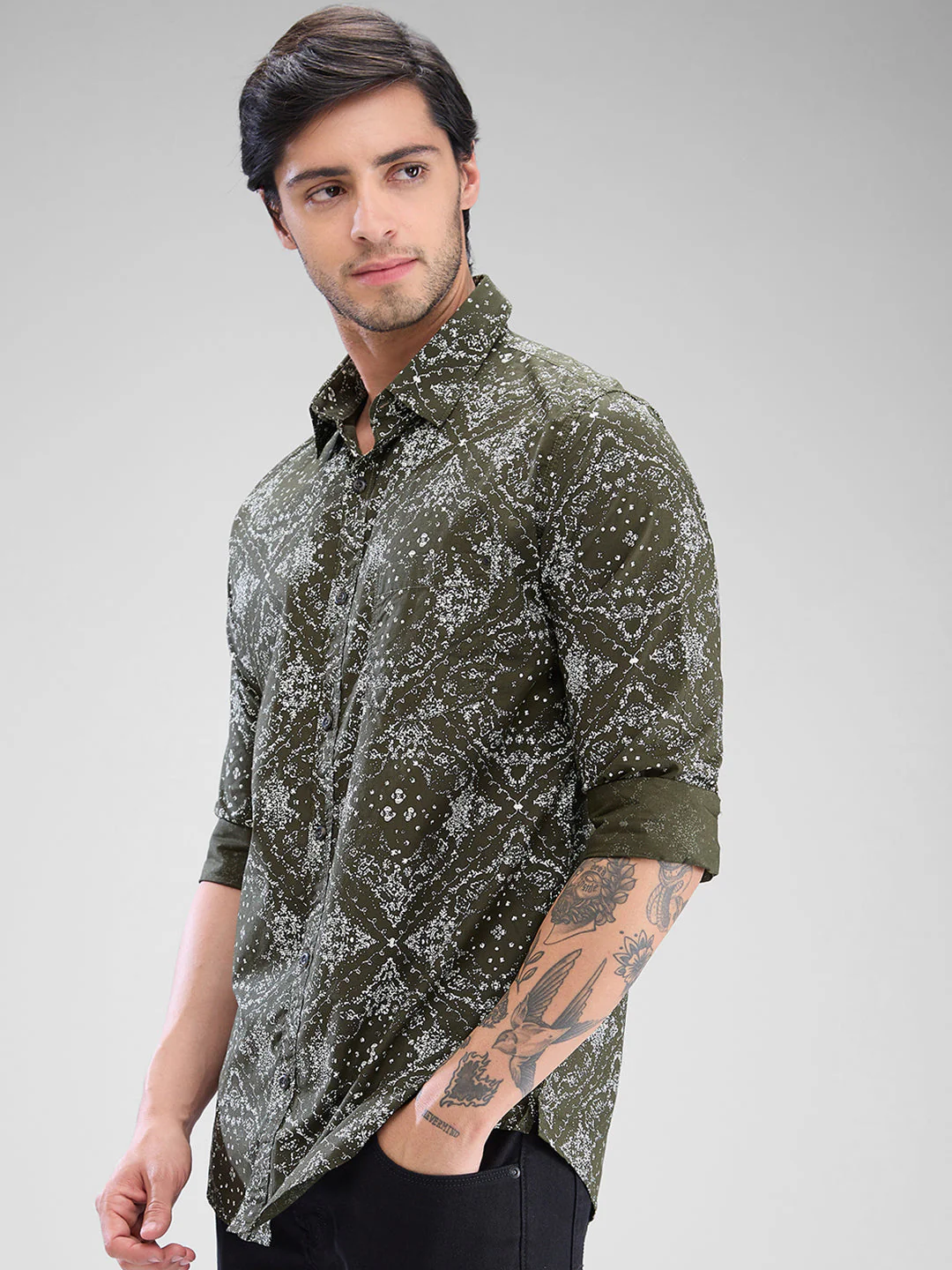 Men Shirt Green Raised Collar - Image 4