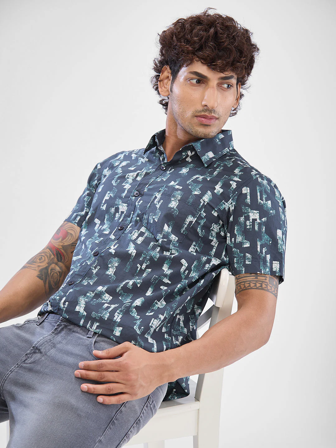 Men Shirt Print Black Slim Fit - Image 6