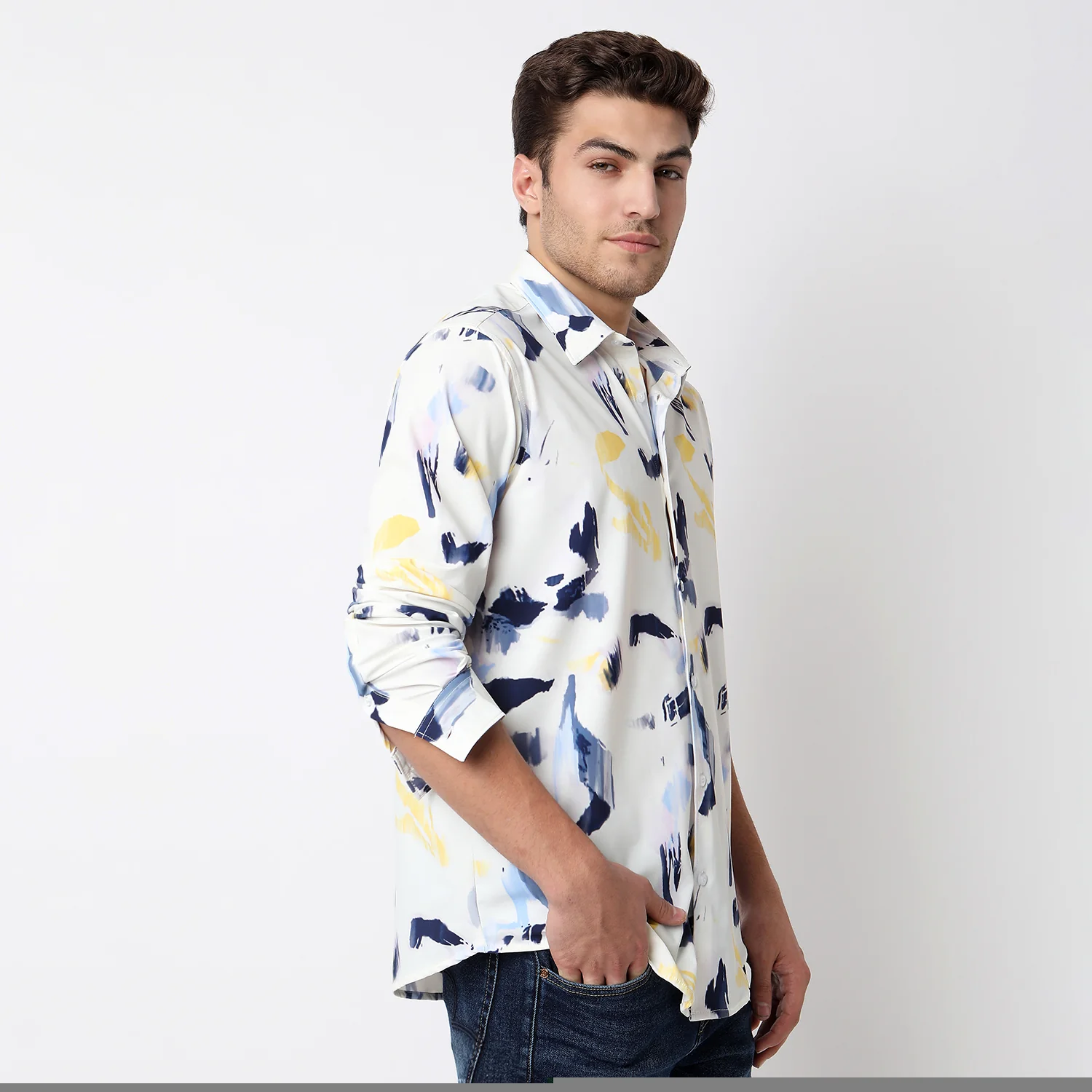 Men Shirt Print White Slim Fit - Image 3