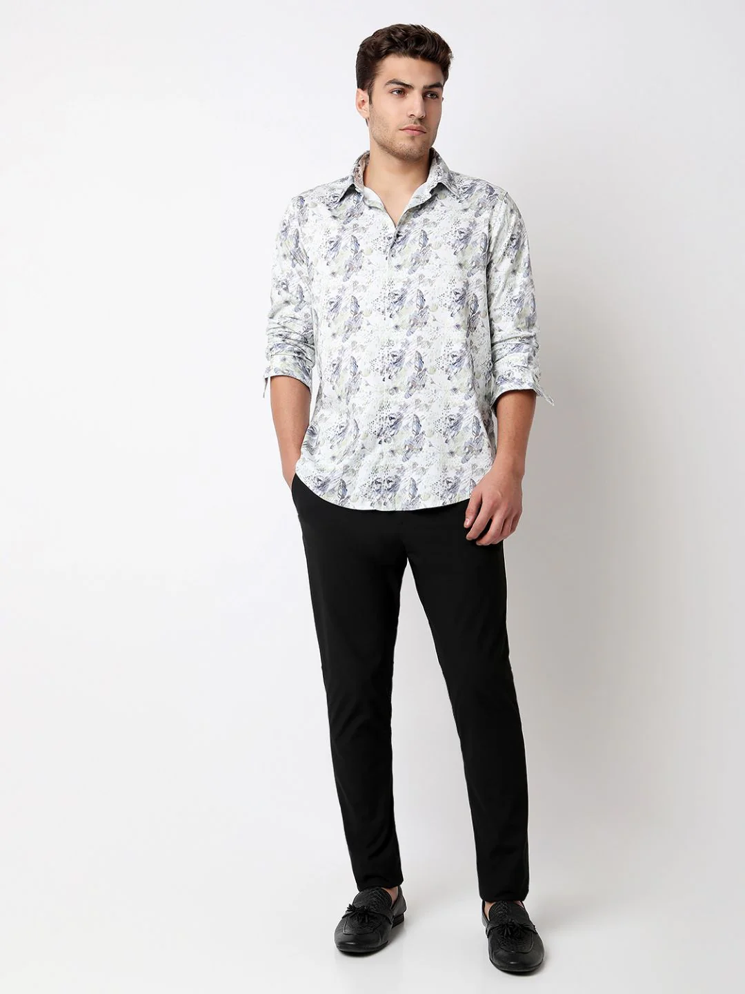 Men Shirt Print Moss Grey Slim Fit - Image 2