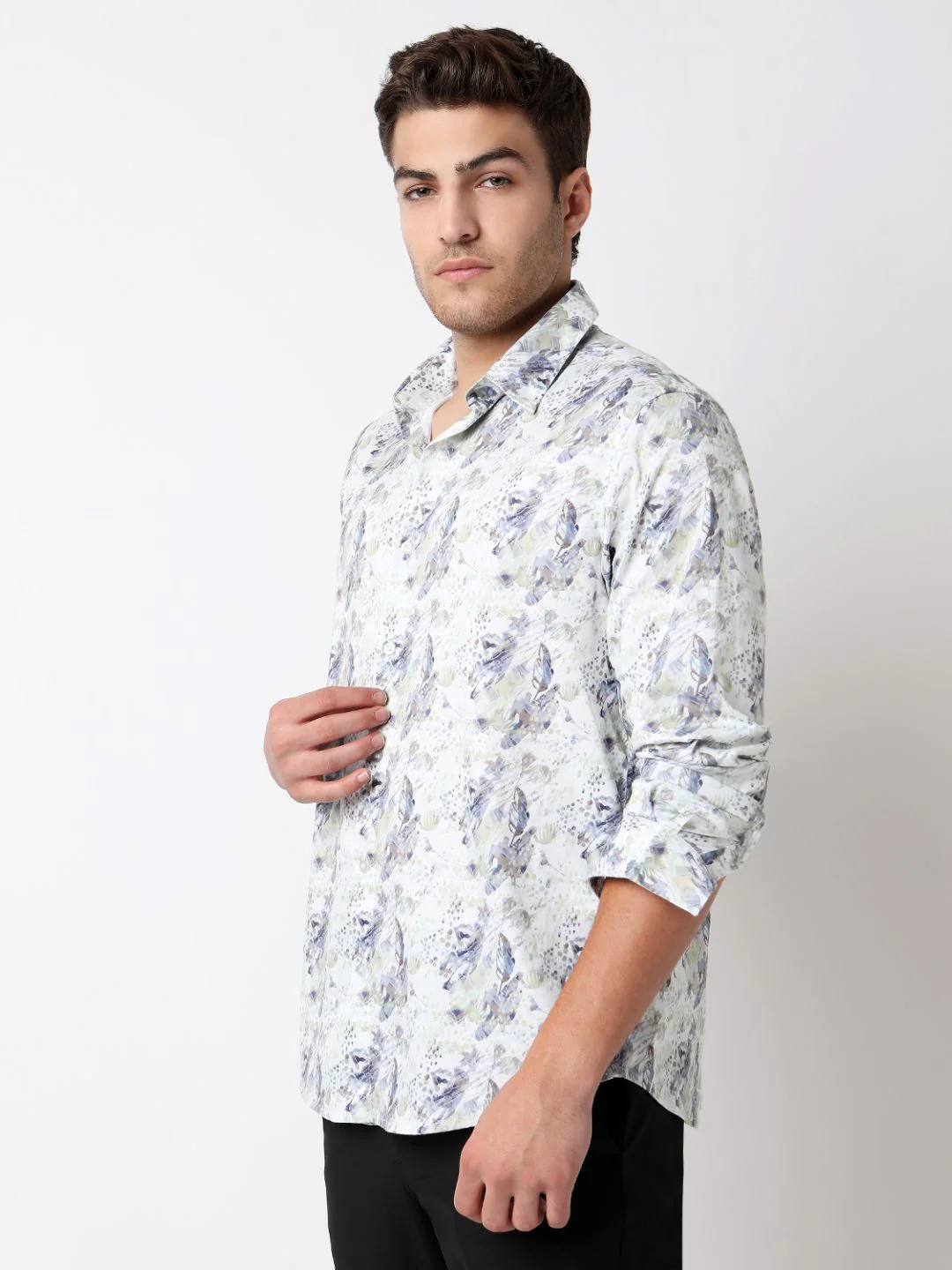 Men Shirt Print Moss Grey Slim Fit - Image 3