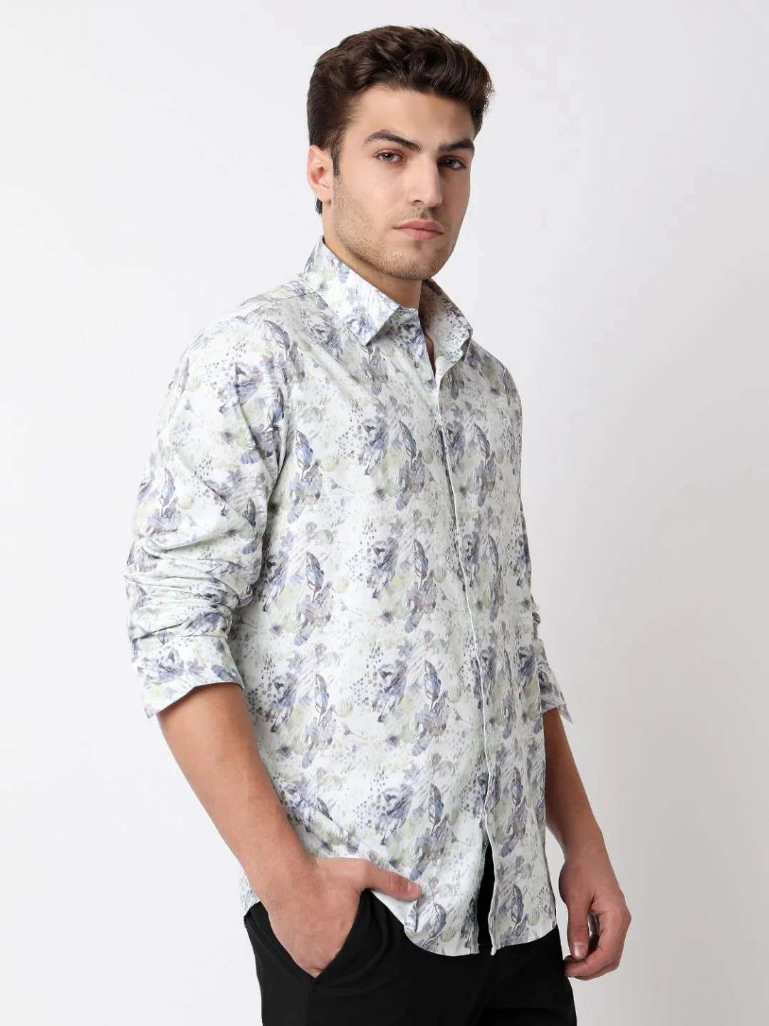 Men Shirt Print Moss Grey Slim Fit - Image 4