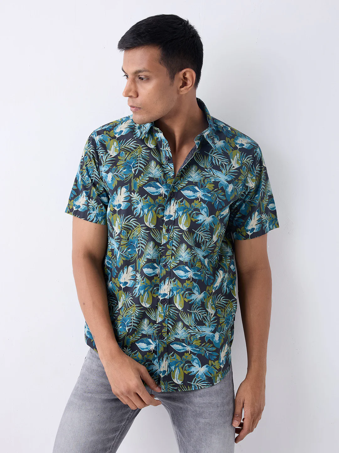 Men Shirt Print Navy Blue Slim Fit