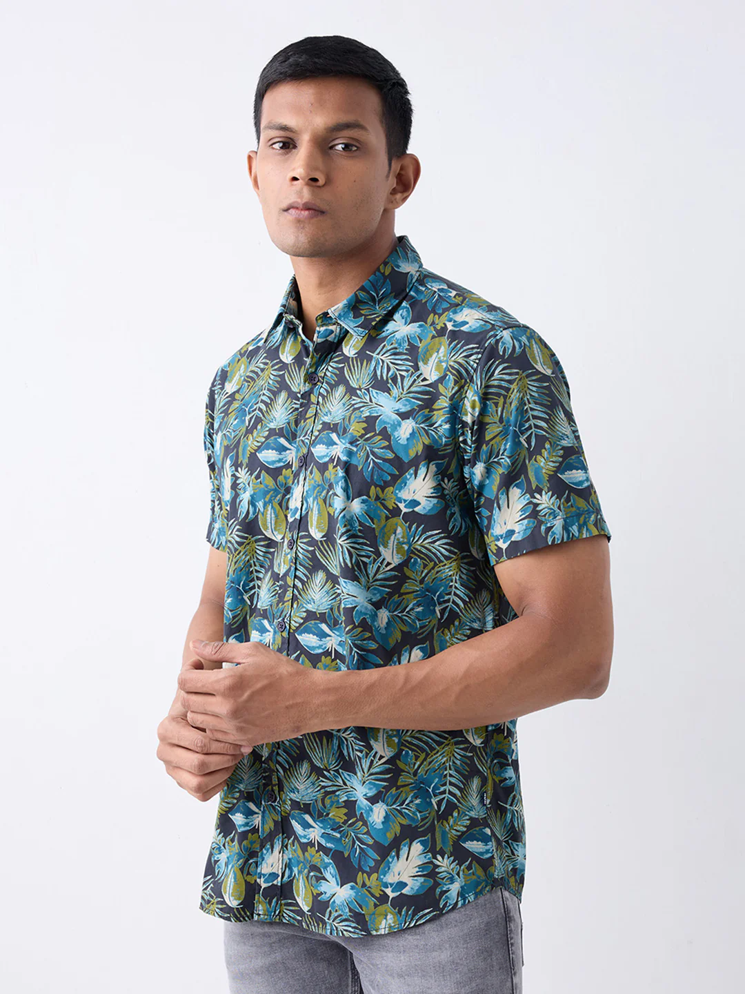 Men Shirt Print Navy Blue Slim Fit - Image 7