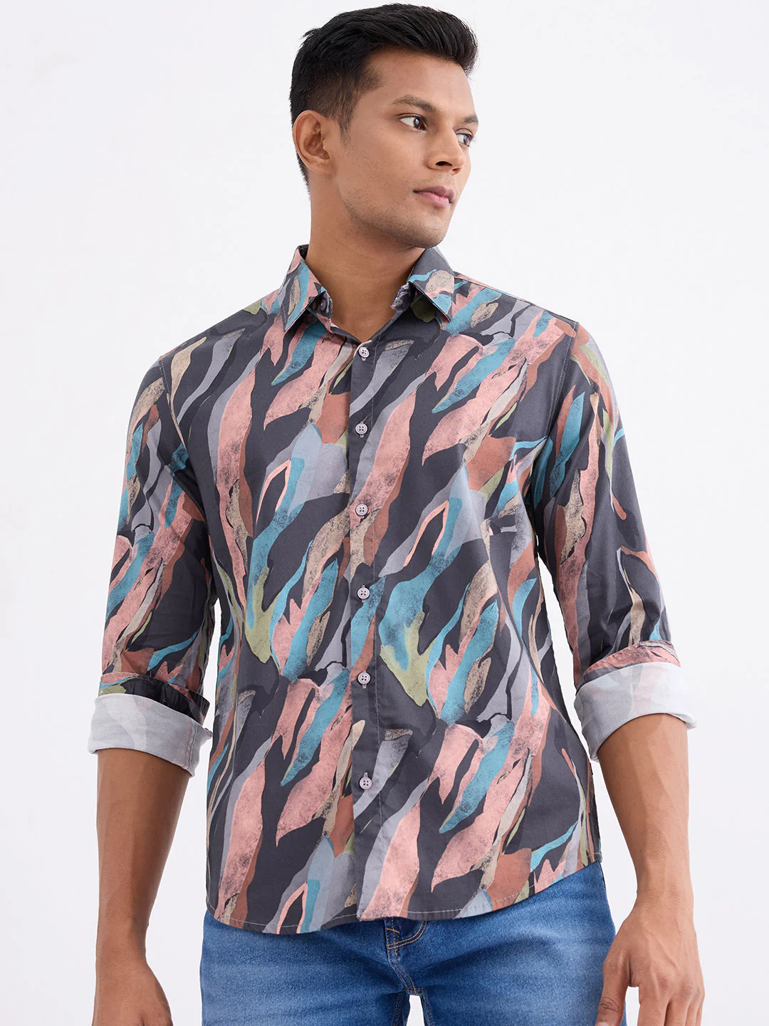 Men Shirt Grey Slim Fit - Image 2