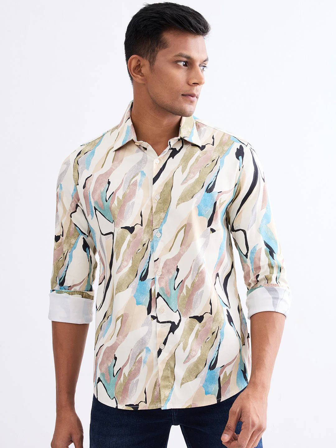 Men Shirt Beige Slim Fit - Image 2